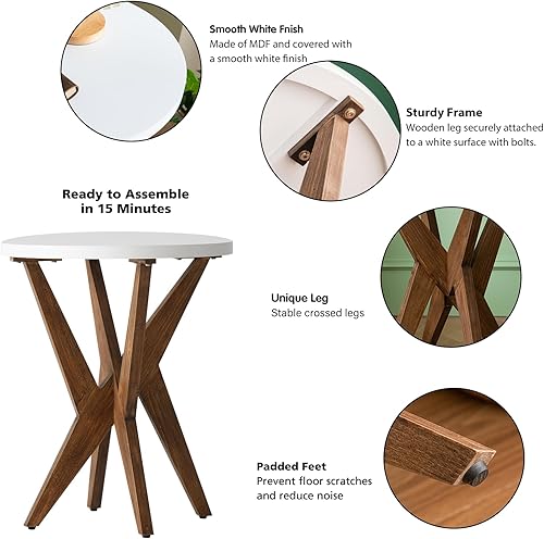 Miniatura 3 de Mesa auxiliar redonda moderna con parte superior blanca lisa y patas cruzadas de nogal, mesa de acento minimalista para sala de estar, balcón o