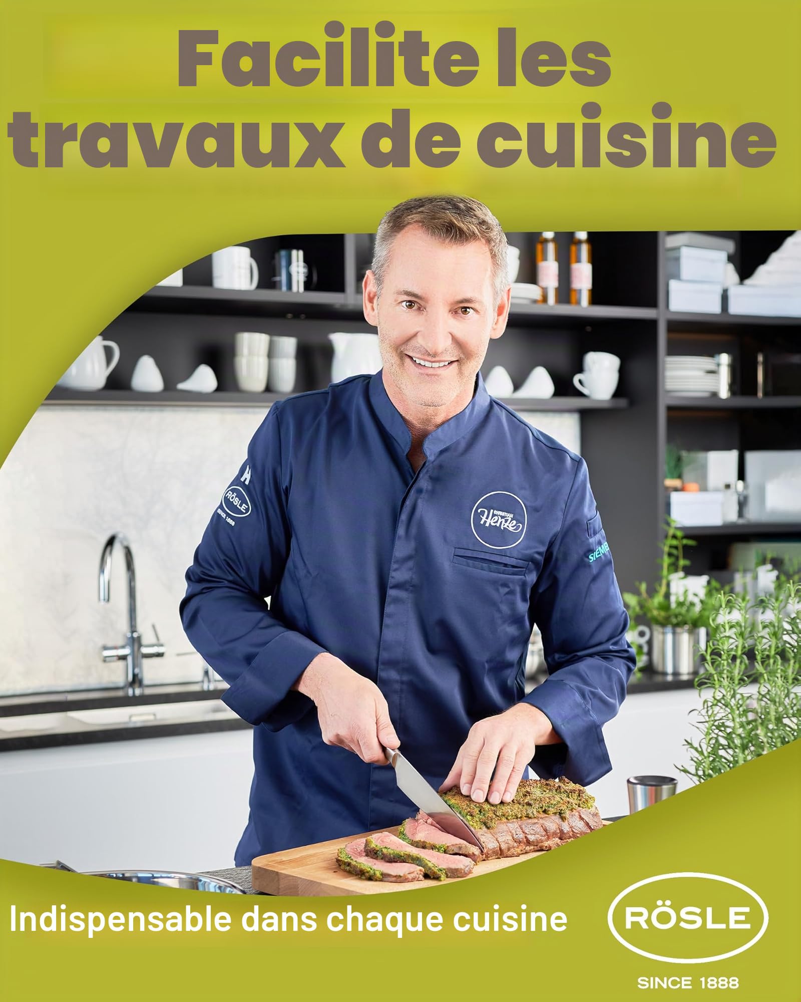 RÖSLE Planche à découper, support de découpe de haute qualité pour la cuisine pour une utilisation universelle, planche à servir, bois d'orme, acier inoxydable 18/10, 36 x 24 cm