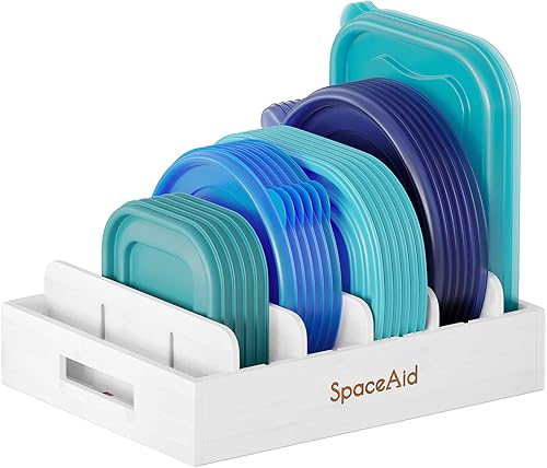 SpaceAid Organizador de tapa de bambú, soporte para tapa de despensa de cocina con 5 divisores ajustables para gabinetes, organizador de