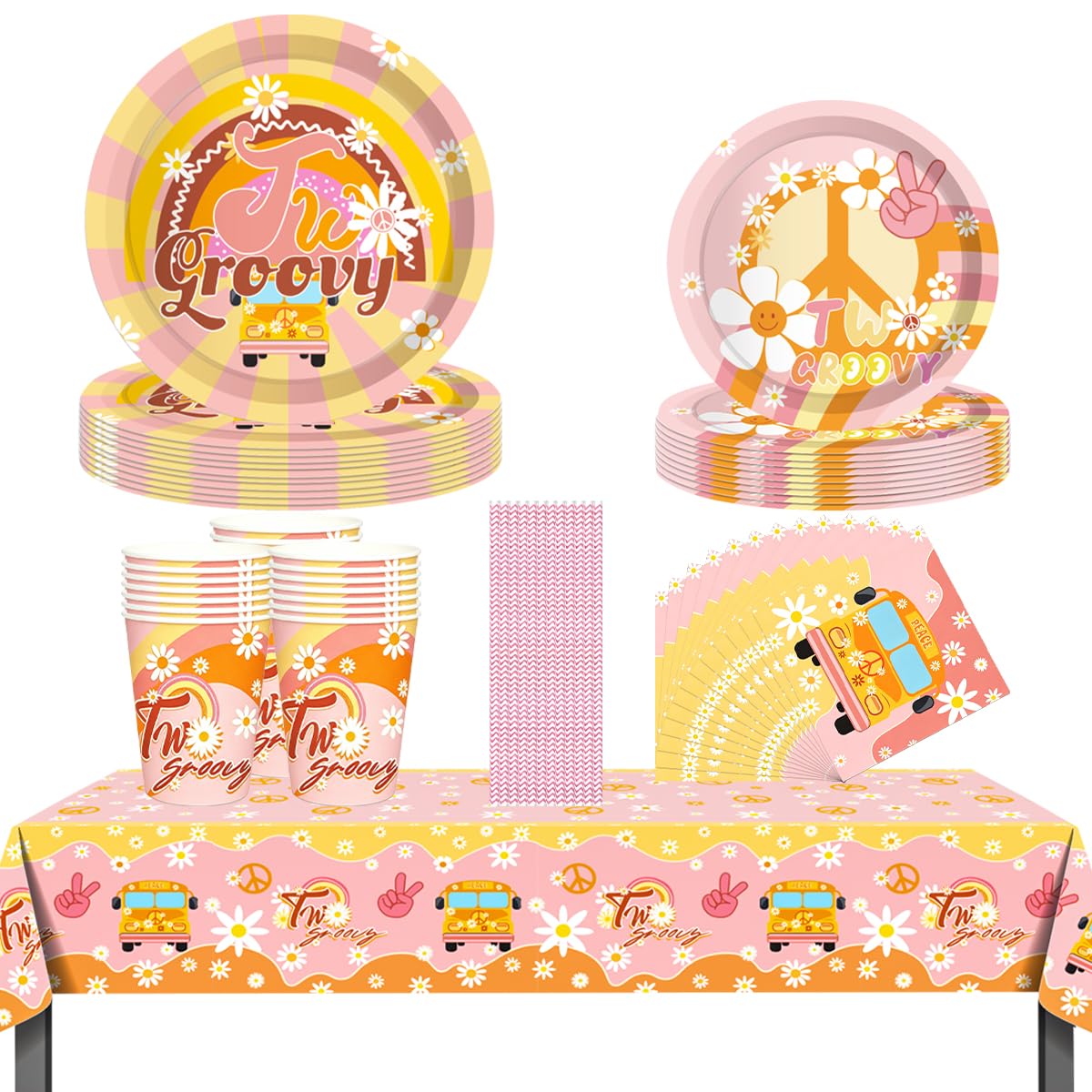 ZOOMPIL Two Groovy Party Tableware Set for 8 Guests, Boho Hippie Rainbow Plates Cups Napkins Straws Tablecloth, Birthday Party Decorations, can Quick Setup and Easy Cleanup