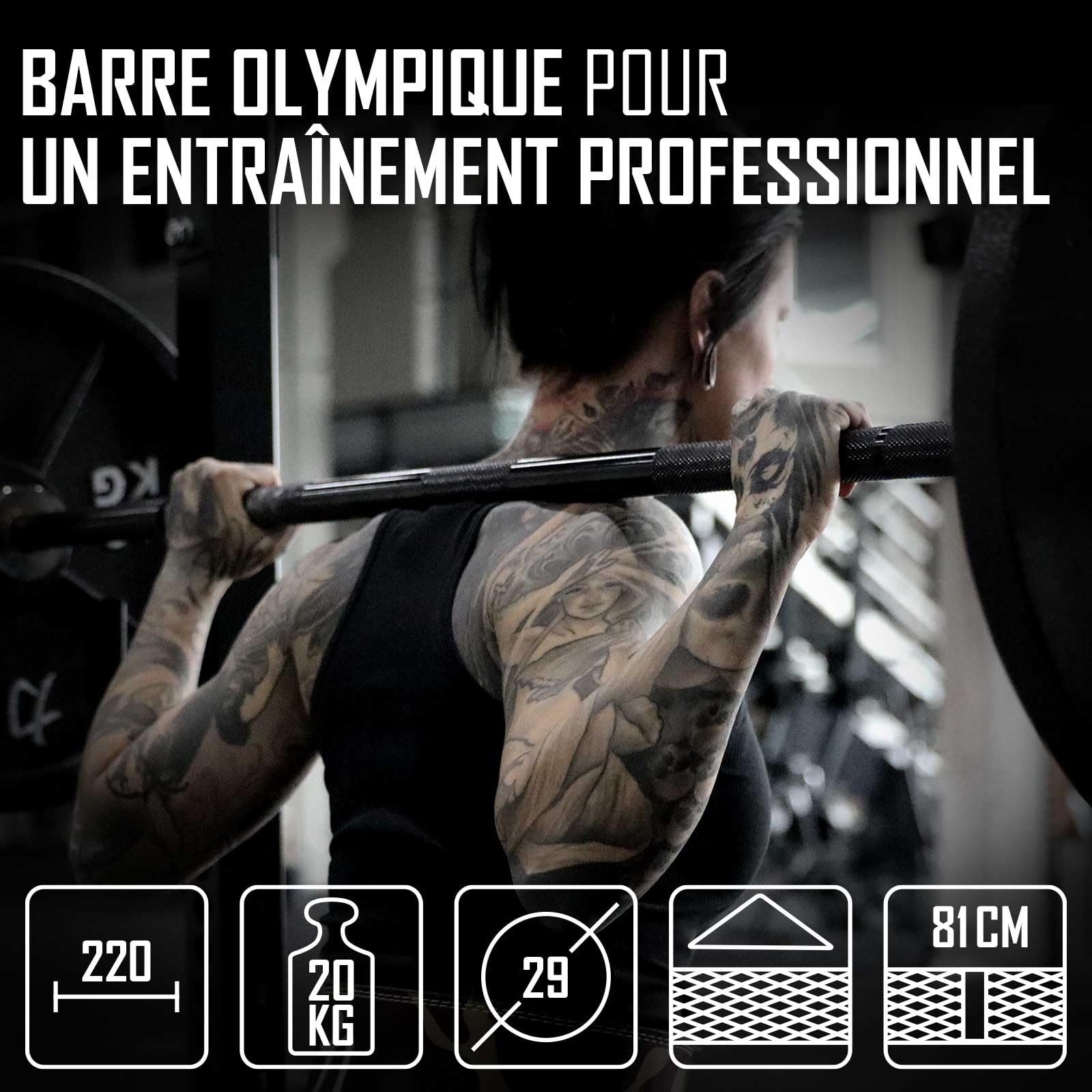 Strength Shop barre olympique 20kg 220cm de long & 29mm ⌀, barre musculation en acier avec prise de disques 50mm et moletage agressif, parfaite comme barbell pour squats, soulevé de terre & plus.