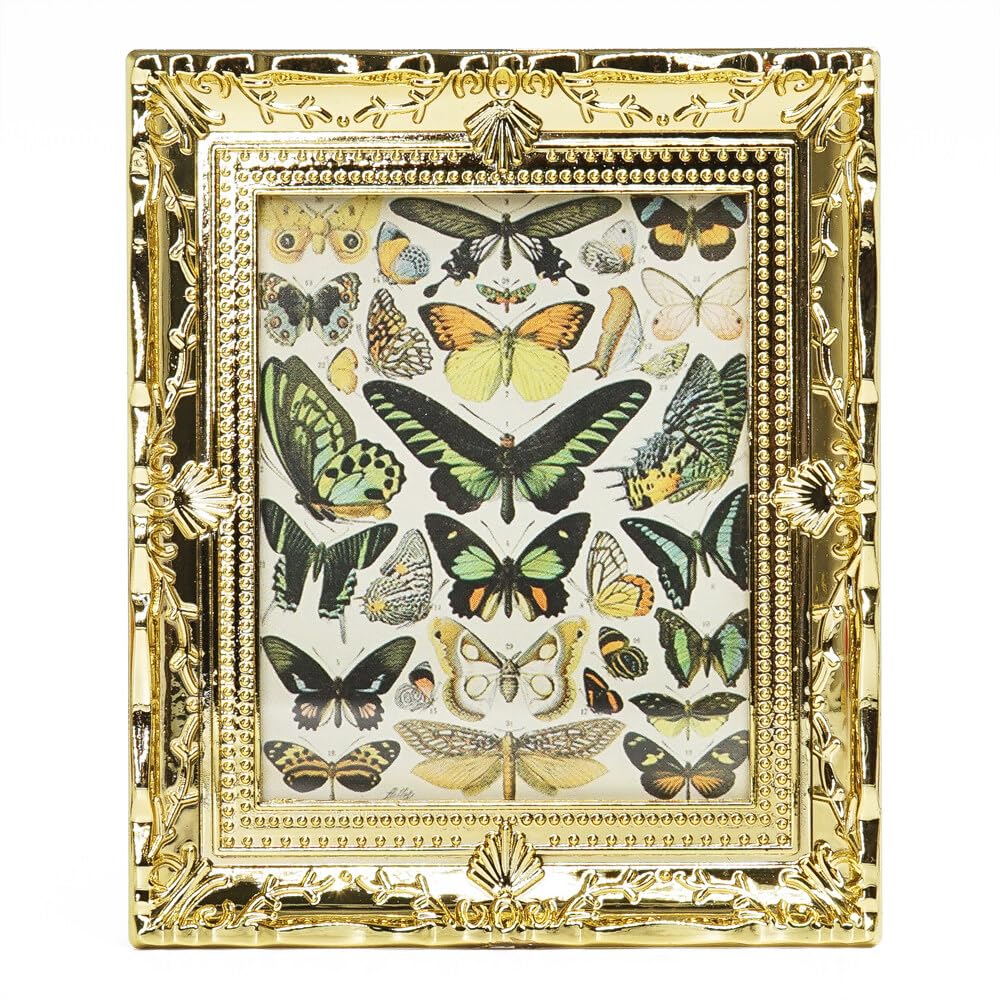 Odoria Dollhouse Wall Art Miniature: 1/12 Scale Framed Picture Vintage - Mini Painting Golden Antique for Gallery - Tiny Artwork Decor Butterflies