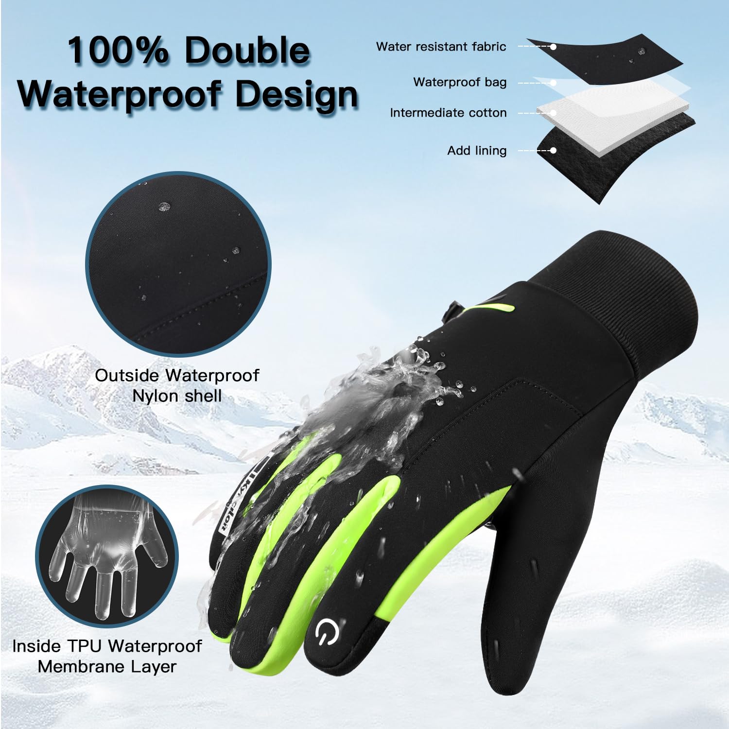 kyncilor Guanti Invernali Impermeabili Uomo,Guanti Moto Invernali Donna, Fodera Soffice, Touch Screen, Silicone Antiscivolo, Guanti Termici per Sci, Bici, Corsa