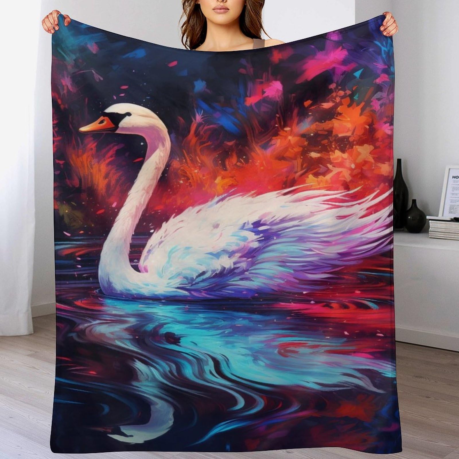 Couvre-lit motif cygne 3D en flannel de polaire douce et premium