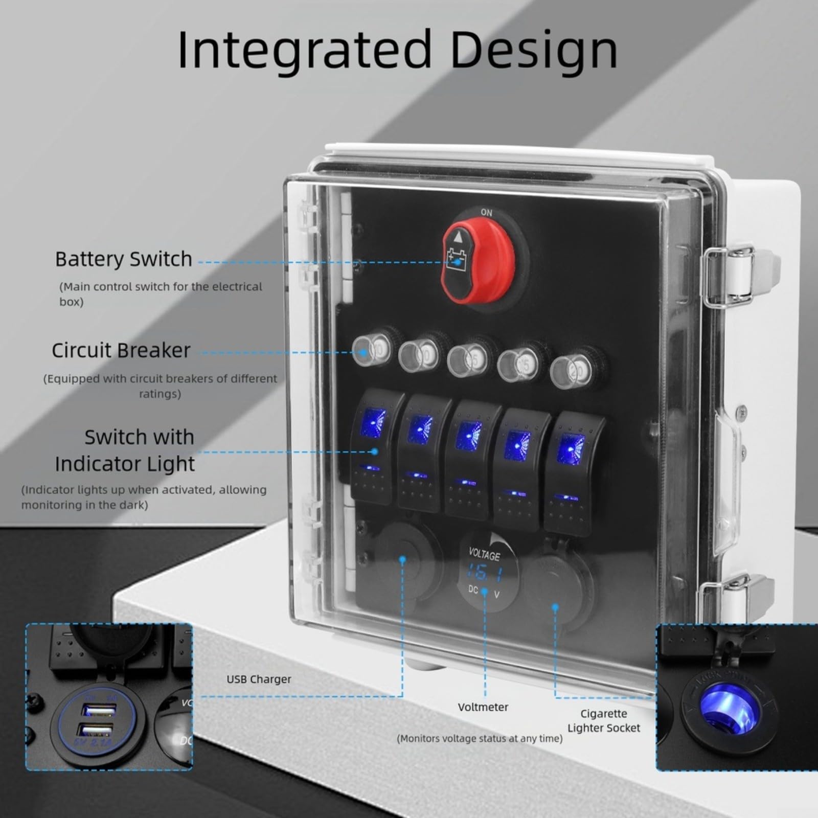 Panel de interruptores marinos de 12 V impermeable caja de interruptores basculante 5 bandas LED para panel de palanca (B)