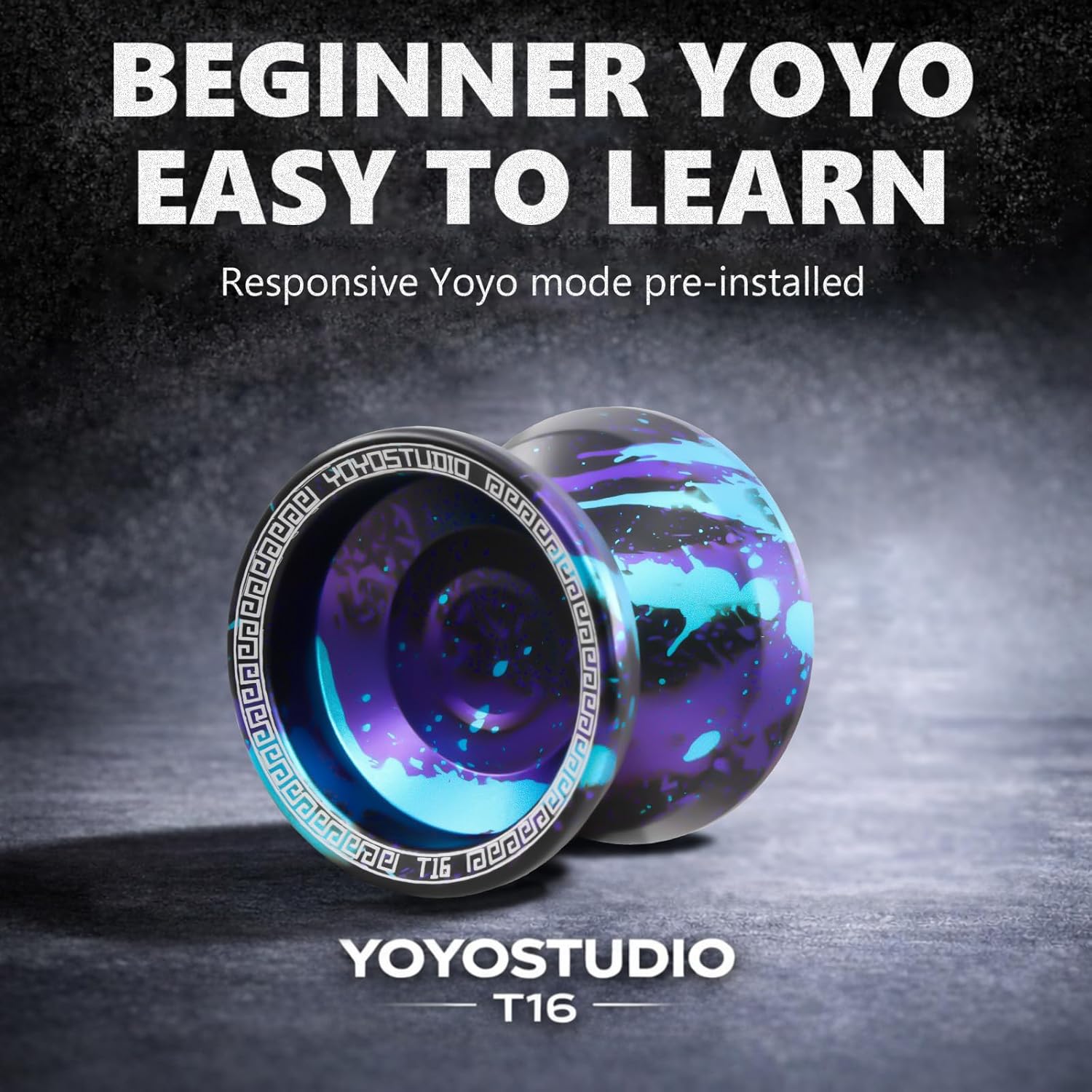 YOYOSTUDIO Professional Yoyo T16 - Dual Mode Responsive/Unresponsive Metal Yoyo for Kids & Adults - Complete Beginner Kit with Strings, Case & Glove (Black Blue Purple)