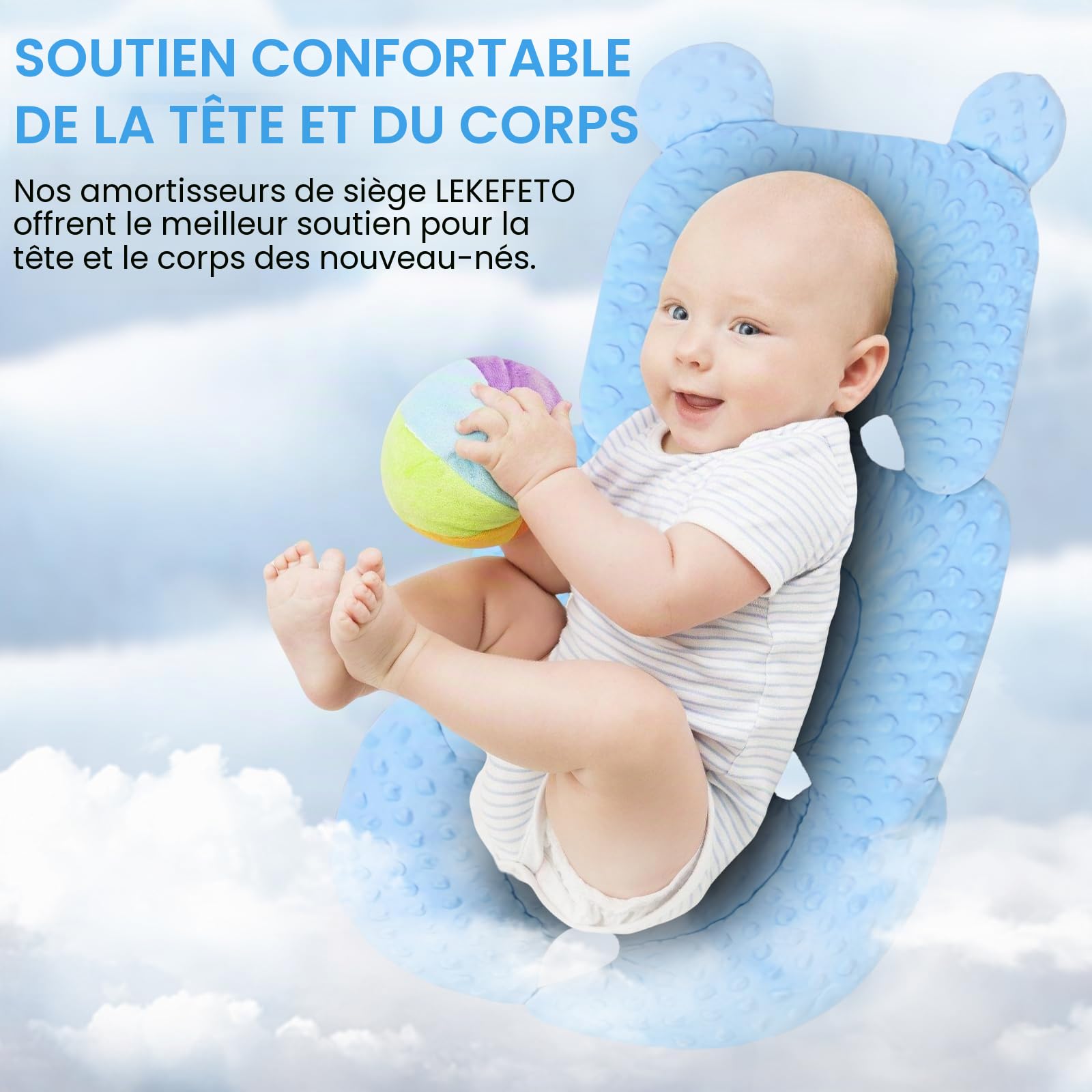 Réducteur de siège bébé avec appui-tête – Housse de siège souple pour siège bébé, landau et siège auto – Respirant et lavable – Bleu
