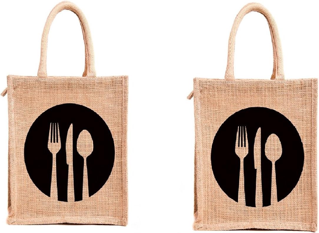 H&BJute bags for lunch for men | Jute bags with zip | Jute Tote Bag | Jute Tiffin Bags | Printed Jute Bag | jute carry bag | Jute bag medium size (Dine3, combo of 2, Size: 11x10x6 In)
