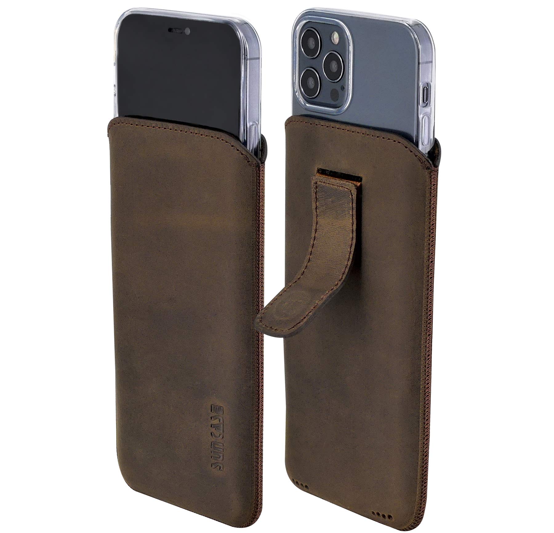 Suncase Etui Tasche kompatibel mit iPhone 16 Pro Max (6,9 Zoll) Hülle mit ZUSÄTZLICHER Case/Schale/Bumper Lasche mit Rückzugfunktion Handytasche Ledertasche Schutzhülle in antik-braun