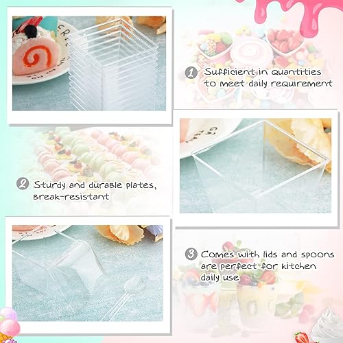 Miniatura 4 de Mimorou 150 mini vasos cuadrados de plástico para postres, 3 onzas, taza de plástico transparente para aperitivos con tapas y cucharas para postres