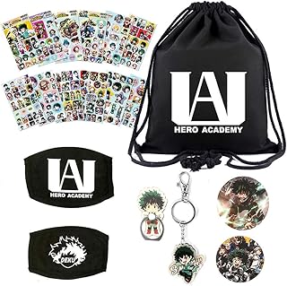 KKSJK “My Hero Academia” – Set regalo: 1 sacca con coulisse, 12 fogli adesivi, 2 spille, 1 supporto per cellulare ad anello, 1 portachiavi