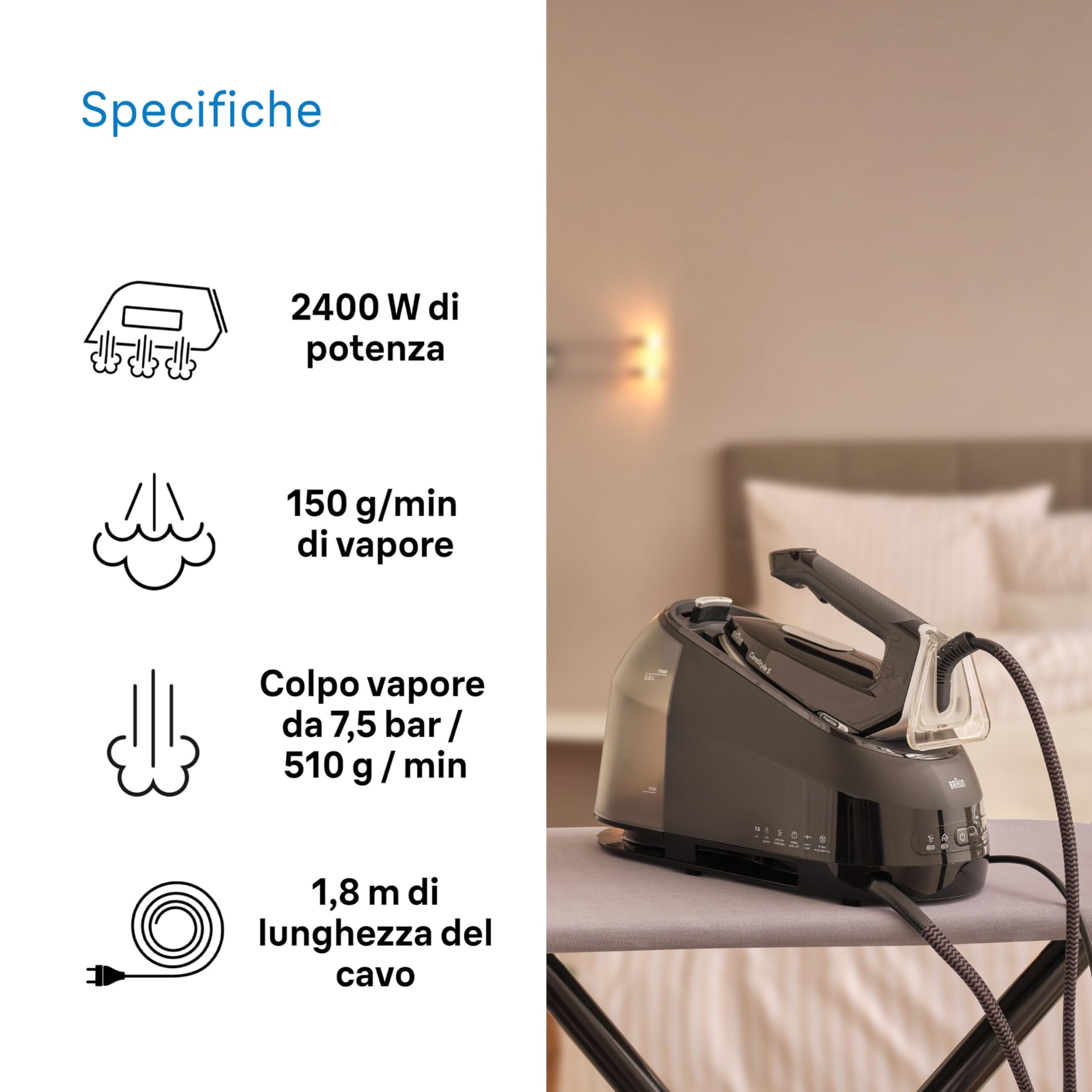Braun CareStyle 5 IS5249BK, Sistema Stirante con Tecnologia FreeGlide 3D, 150 g/min di Vapore, Riscaldamento Veloce, Modalità iCare, Stiratura Verticale, Serbatoio 2L Rimovibile, 2400W, Nero
