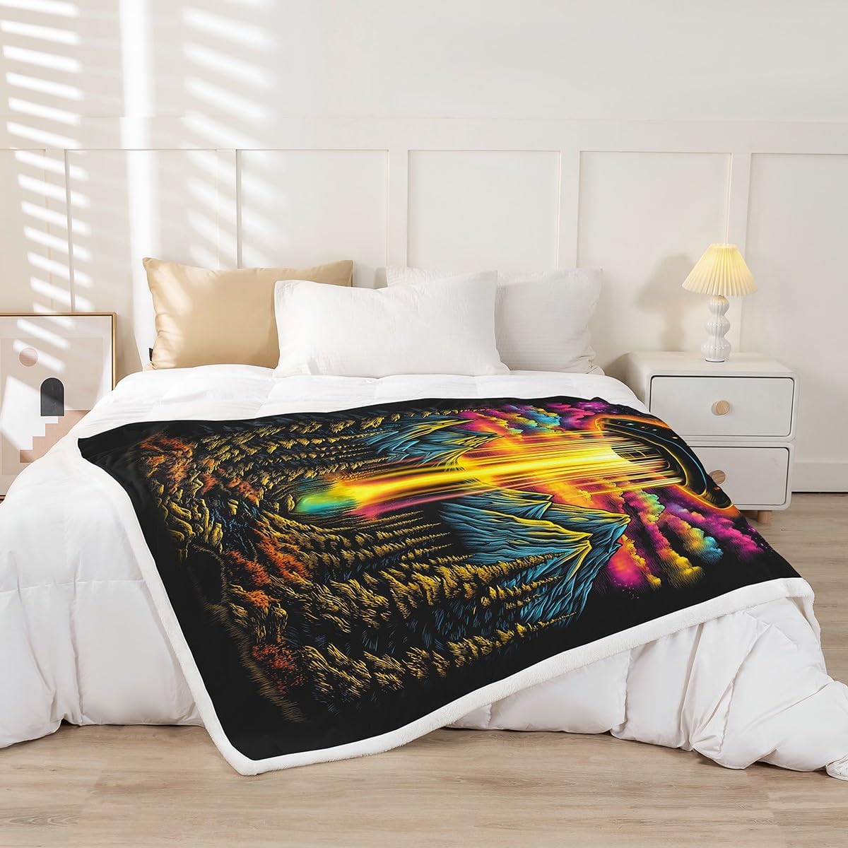Spacecraft Fleece Blanket,Watercolor Rainbow Cloud Sky Fuzzy Blanket for Children Present,Nature Pine Trees Mountain Lightweight Polyester Sherpa Blanket for Sofa, Queen (90 x 90 Inch)