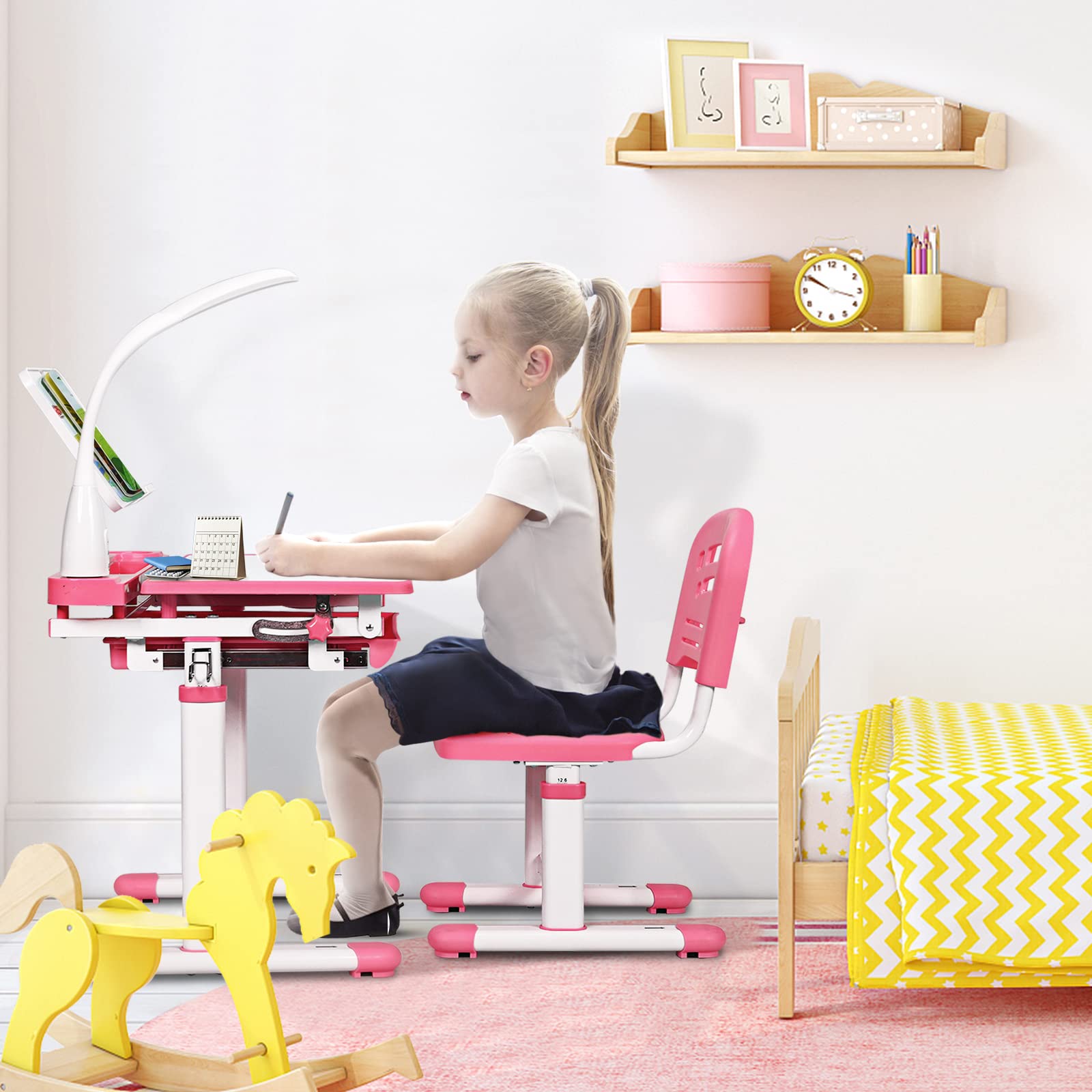 RELAX4LIFE Höhenverstellbarer Kinderschreibtisch mit Stuhl, Schülerschreibtisch mit Augenschutzlampe, Schreibtischset mit Verstellbarer Rückenlehne, Kindertisch mit kippbarer Tischplatte (Rosa)
