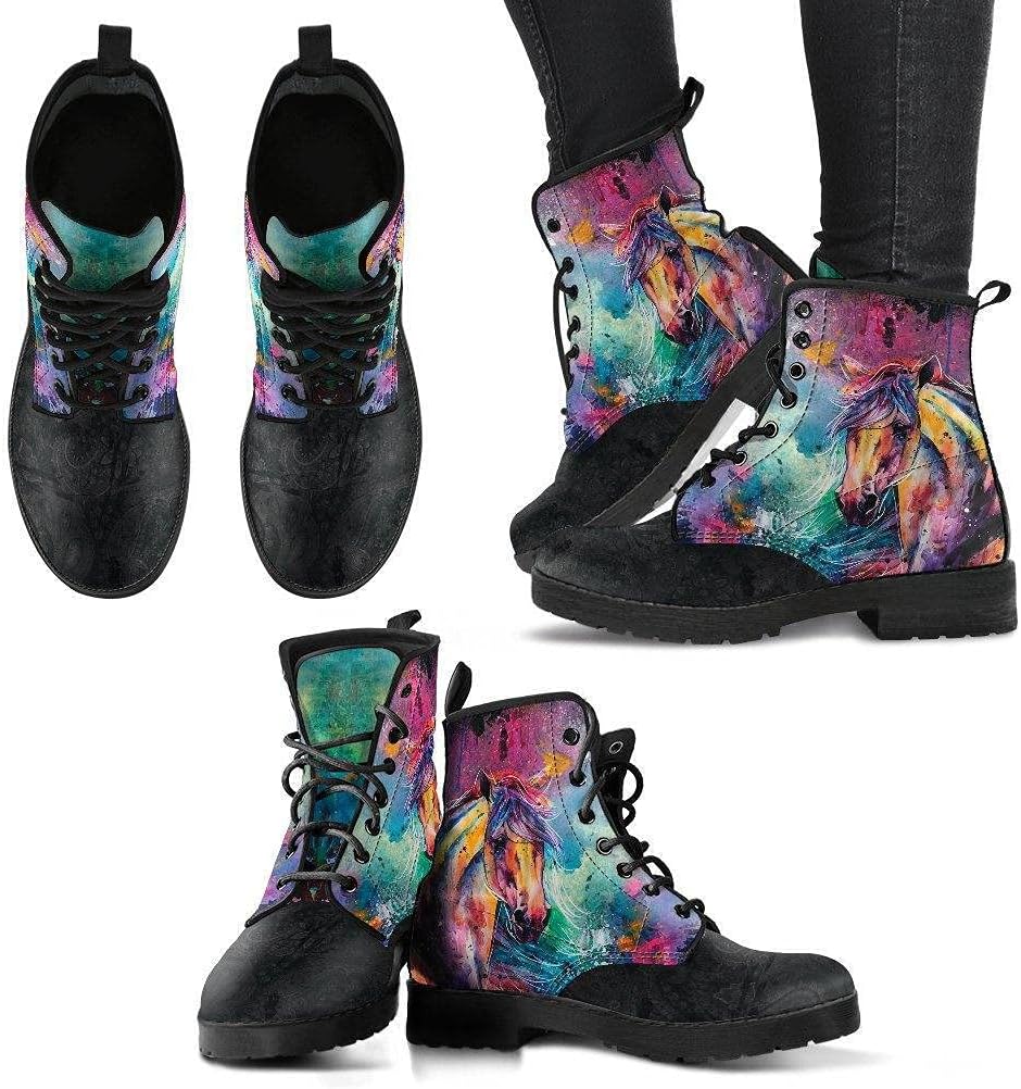 Watercolor Horses Memory Foam Boots | All Season Lace Up Boots | Vegan Leather Combat Boot