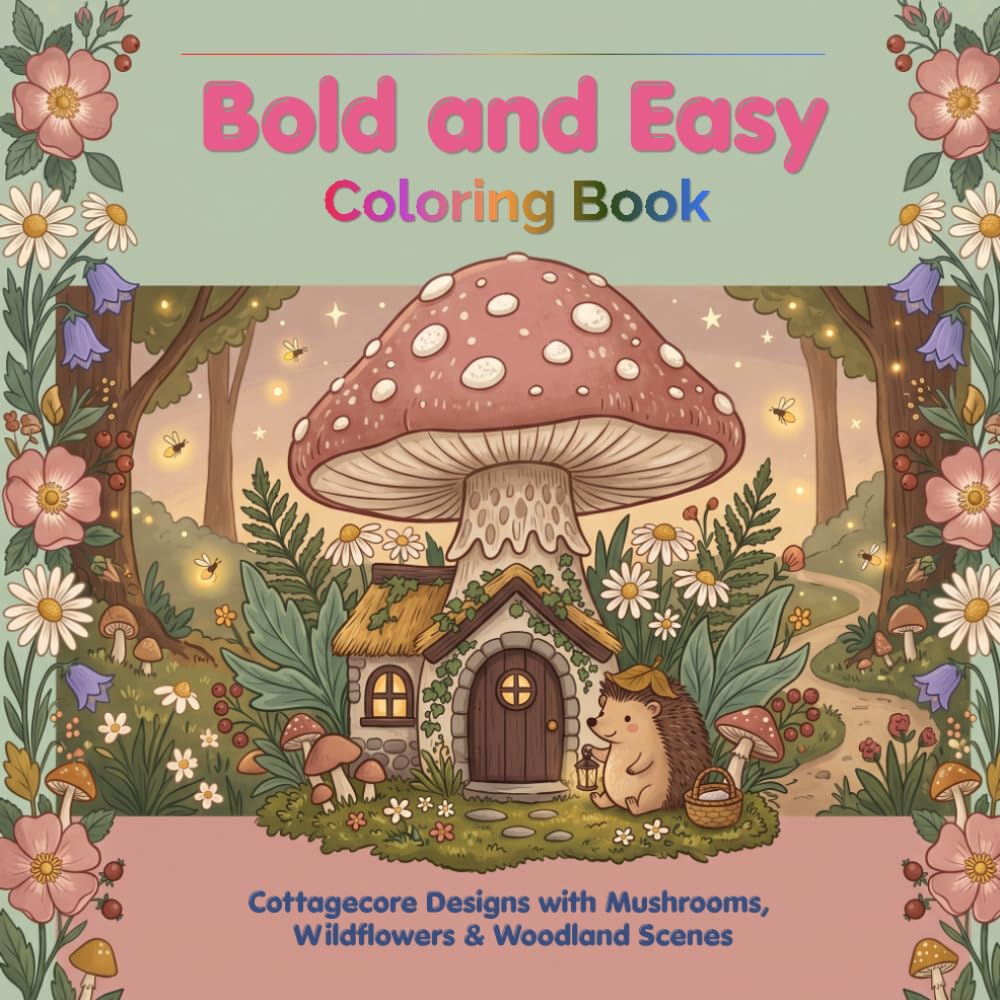 Bold and Easy Coloring Book: Cottagecore Designs with Mushrooms, Wildflowers and Woodland Scenes for Adults — 40 Simple Bold Line Pages for Relaxation