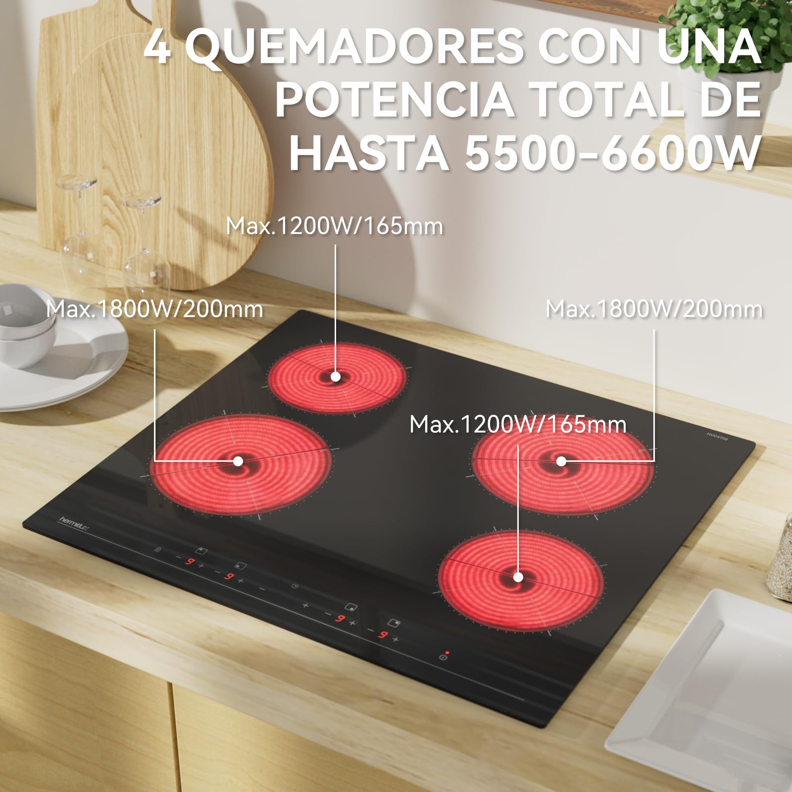 Hermitlux Placa Vitroceramica 4 Fuegos 59cm, 6600W, 9 Niveles, Sin Enchufe