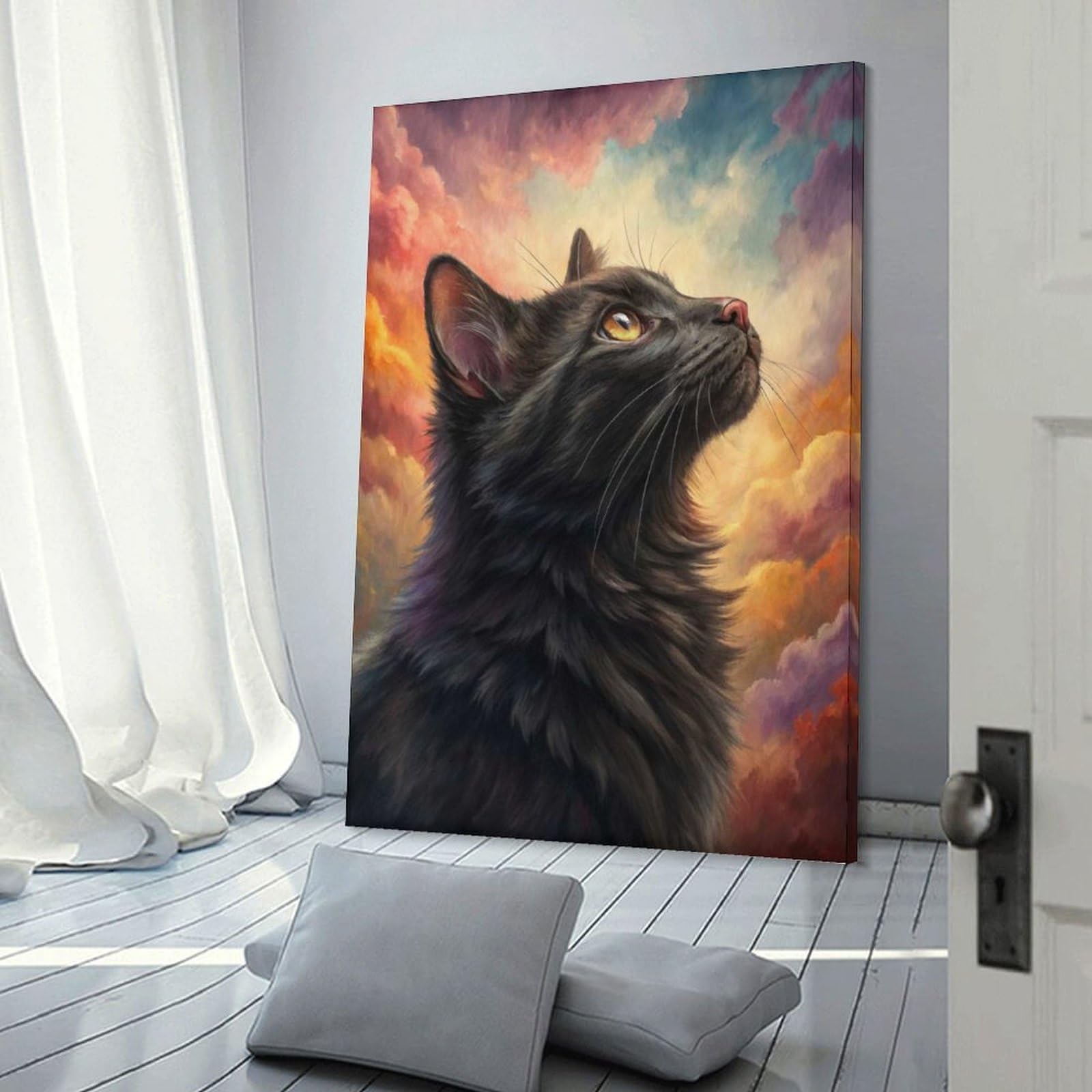 Junmoney Black Cat Looking Up at Colorful Sky Canvas Wall Decor 20x30inch(50x75cm), for Home Lounge, Bedroom Or Reading Nook, A Home Accent with Warm Character