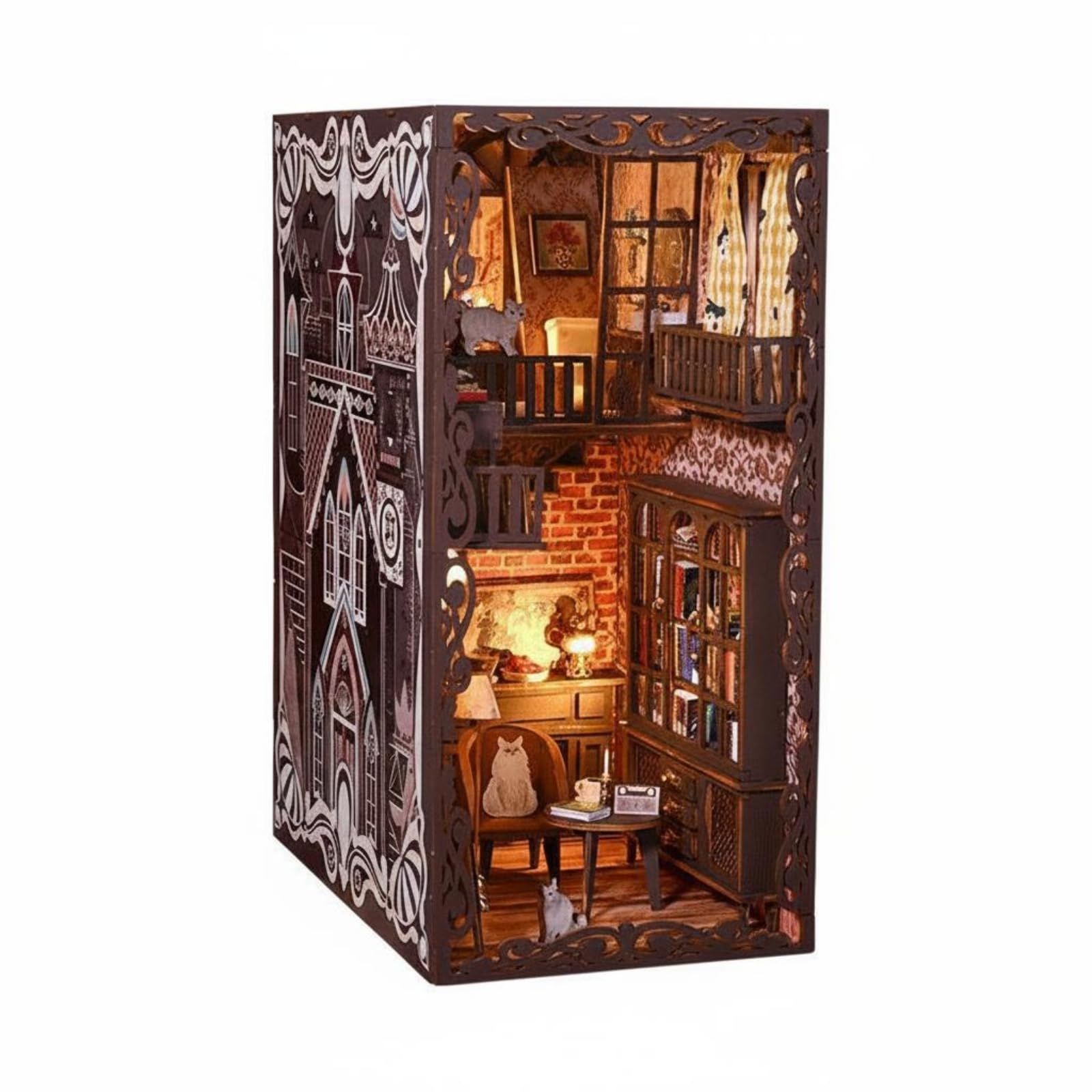 LeeQinersw Miniatur Bausatz Buchstützen Szene Modell Modell DIY Kit Holz Stoff Batteriefach Schalter Warmes Ambiente für Geschenk Hobbyraum Leser