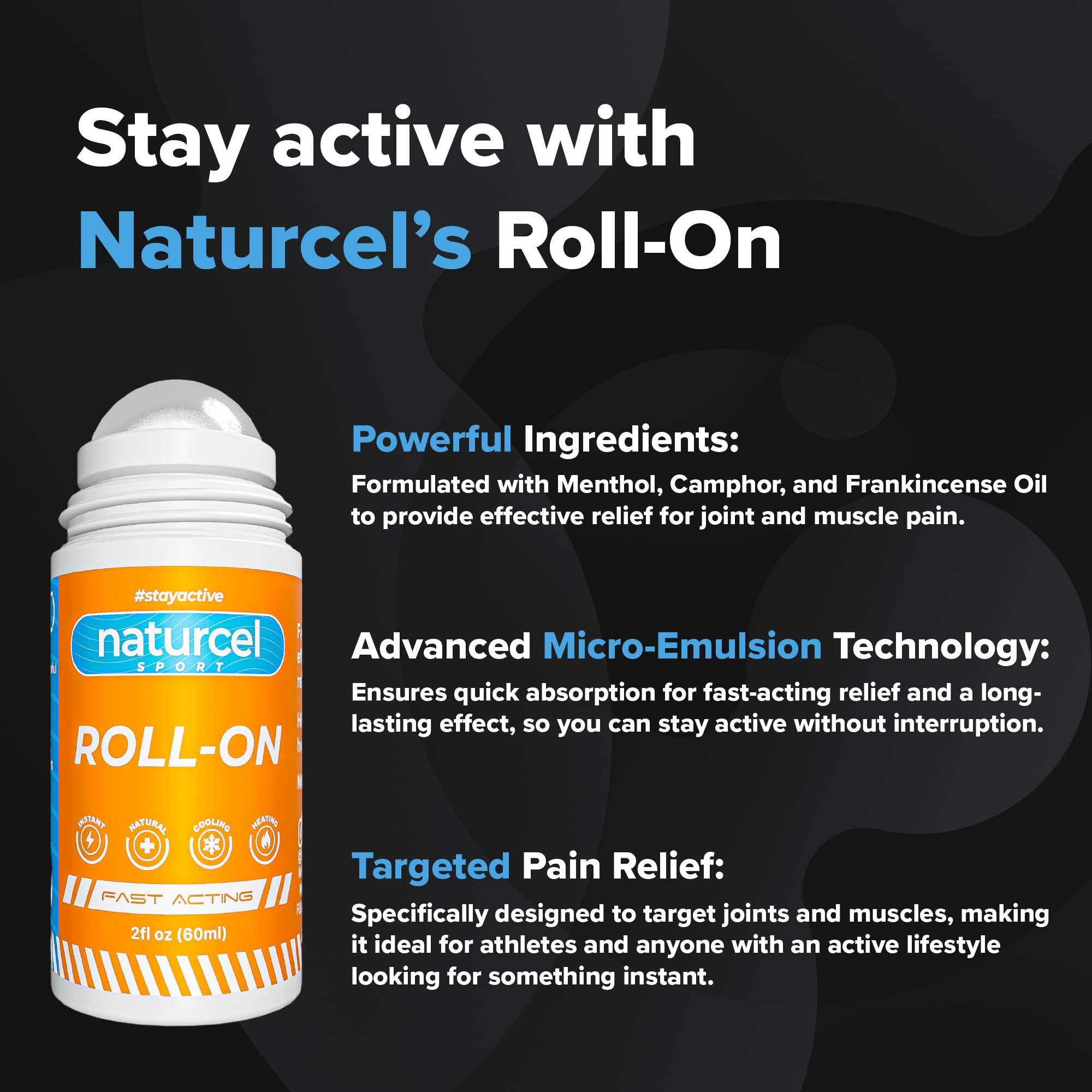 Naturcel Sport Roll-On, 2FL OZ, Topical Reliever for aches and pains of muscles and joints, Cooling, Fast Acting, Mess Free Massage Roller, Colorless
