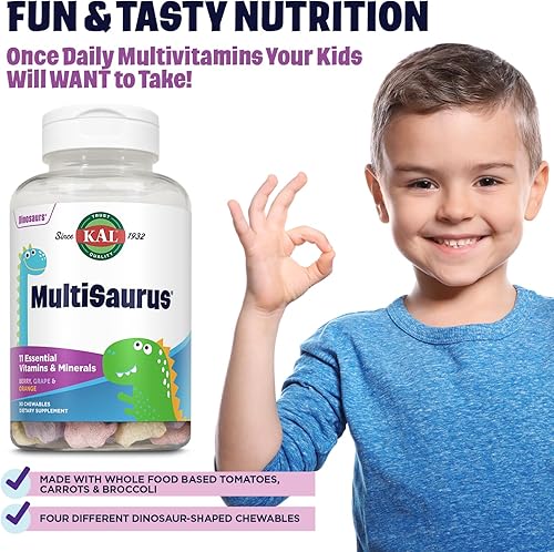 Miniatura 3 de KAL MultiSaurus - Multivitaminas masticables para niños, 11 vitaminas y minerales esenciales para niños, bayas, uva, naranja, sin gluten y fructosa,