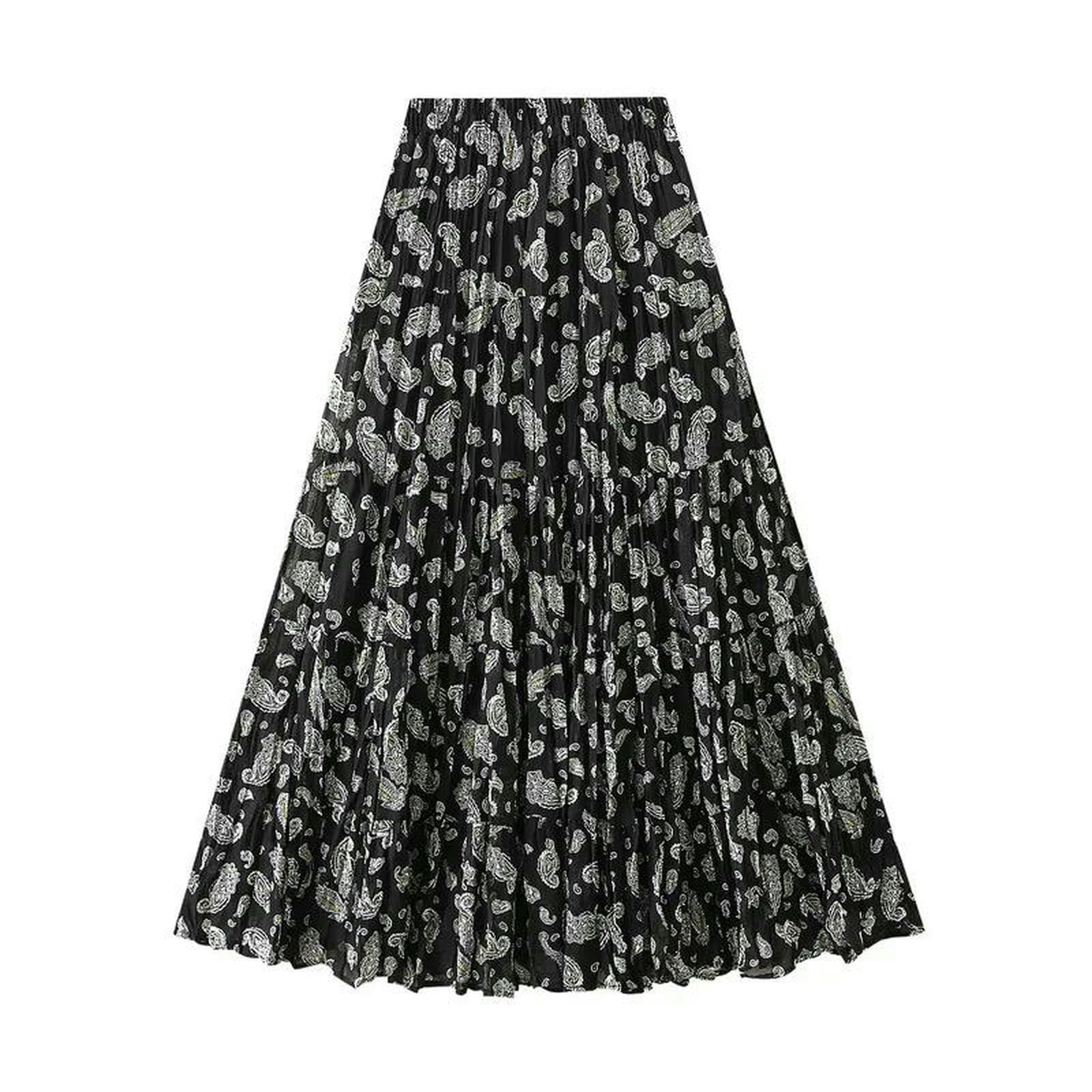 Gonna Lunga Stampa Floreale Elegante Piegato Gonne Lunghe Donne Primavera Estate Moda A-Line Sciolto Alta Vita Casual-Red-One Size