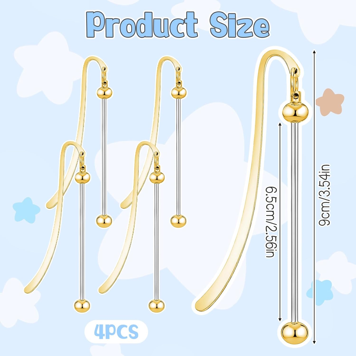 4 Pcs Metal Bookmarks, Beadable Bookmarks, DIY Metal Blank Beaded Bar, Modern Bead Craft Jewelry Pendant Charm Gift for Book Lovers Student Teacher Office Supplies (Gold) - Image 2