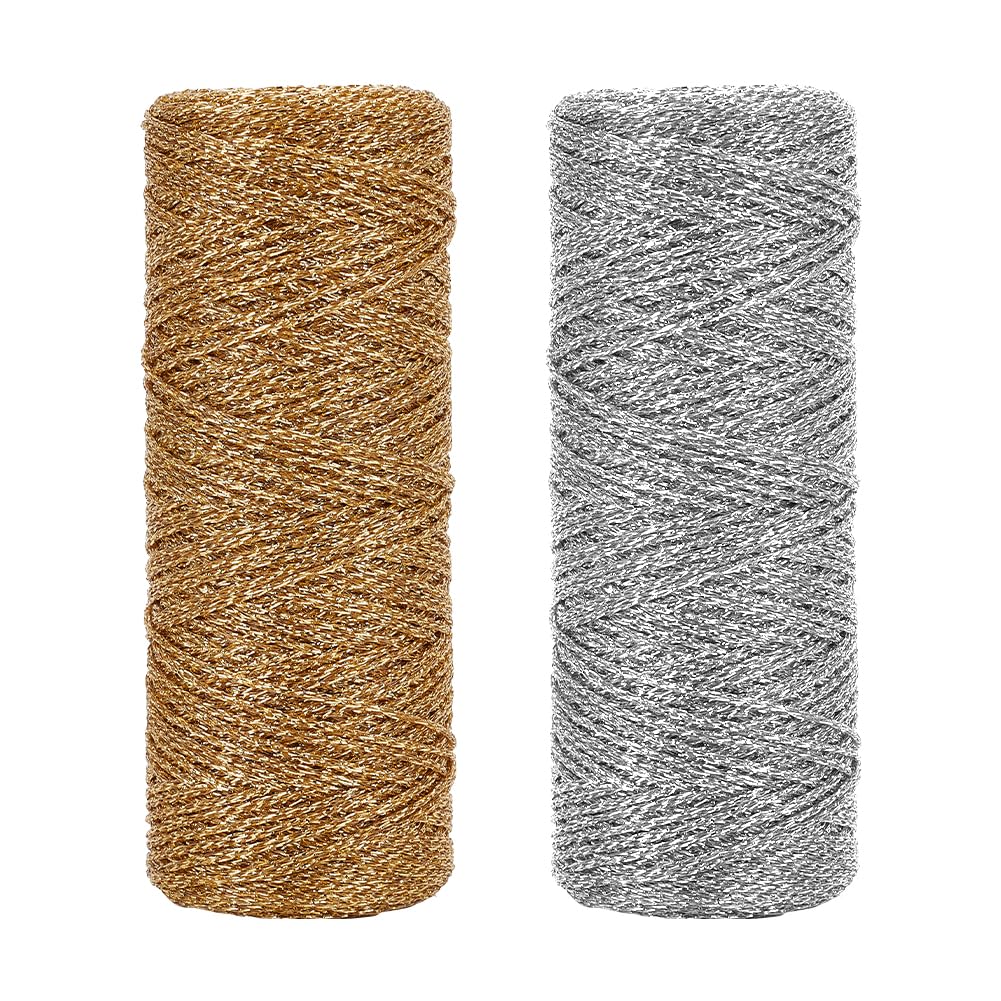 PH PandaHall 200m Metallic Thread Cord 1mm Christmas Twine String Gold and Silver Decorative Thread Sparkle Thread Ribbon Present Wrapping Cord for Christmas Crafting DIY Gift Wrapping Decoration