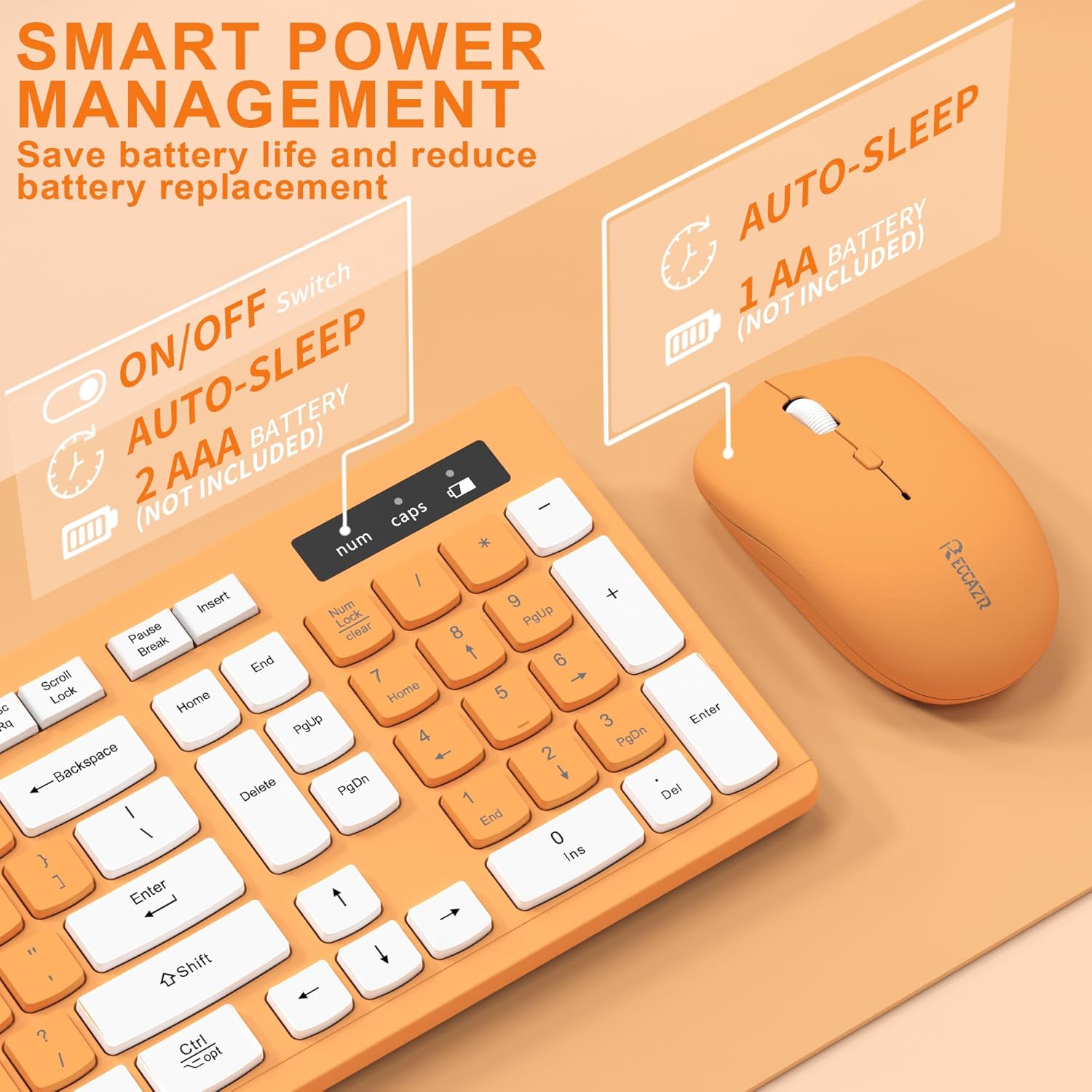 Wireless Keyboard and Mouse Combo, Reccazr 2.4G Full-Sized Keyboard and Mouse Cordless, 3 DPI Adjustable Mouse, Dual-System Keyboard for Computer/Laptop/Windows/Mac (Orange-A)