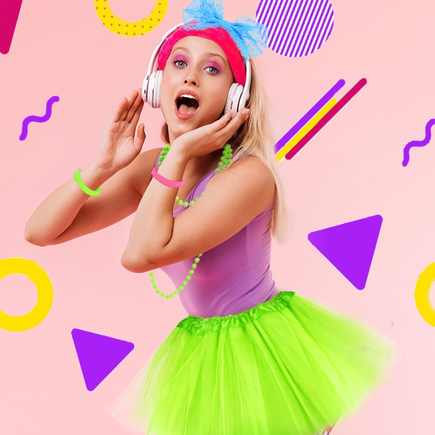 24Pcs 80s Neon Workout Costume Accessories Set Tutu Skirts 90s Headband 1980s Earrings for Women Necklace Silicone Bracelet Scrunchies Neon Outfit 80s Party - Image 6