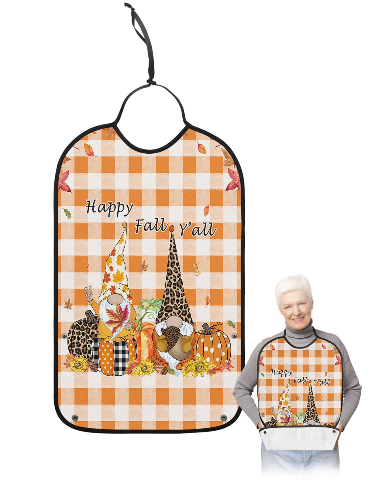 LEOKOTI Thanksgiving Gnomes Adult Bibs for Eating, Waterproof Bibs with Food Catcher & Adjustable Snap Closure, Pumpkin Black White Plaid Washable Clothing Protectors Adult Bibs for Elderly Women/Men