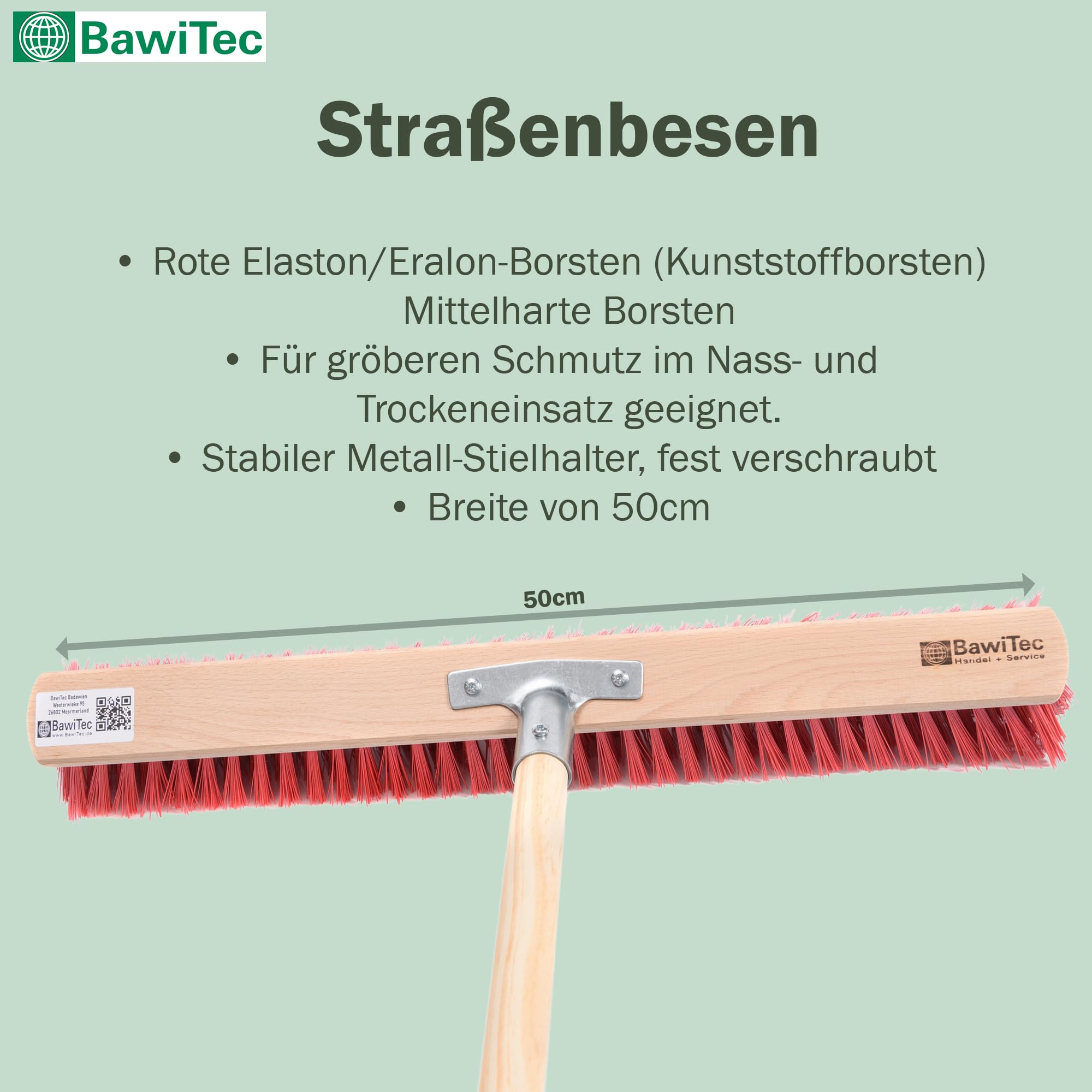 Profi Kehrset Straßenbesen Set Besen + Handfeger + Kehrschaufel für draußen | Rote Kunststoff-Borsten, Komplett-Set, Besen 50cm Breit, Inkl. Besenstiel 140cm Lang