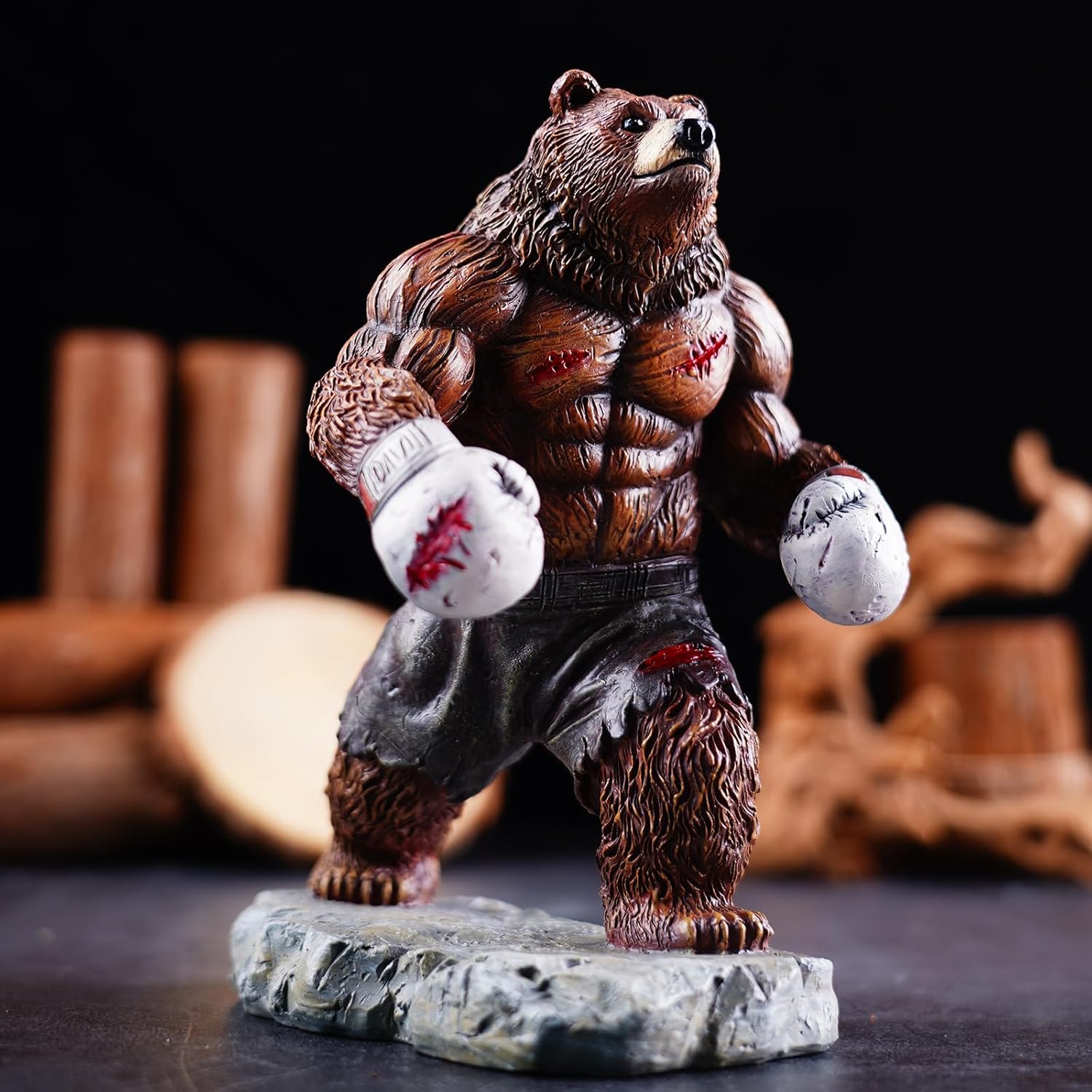 Coniuty Boxing Bear Statue - Abstract Resin Grizzly Bear Sculpture, Handpainted Home Office Decor for Table Shelf Display (7.9")