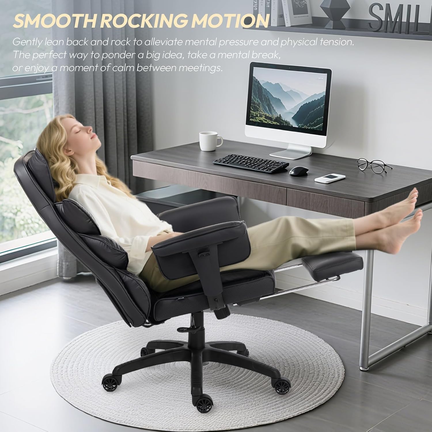 Dowinx Big and Tall Office Chair, High Back PU Leather Computer Gaming Chair with Pocket Spring Cushion, Adjustable Armrests, Lumbar Support, and Footrest –Deep Black