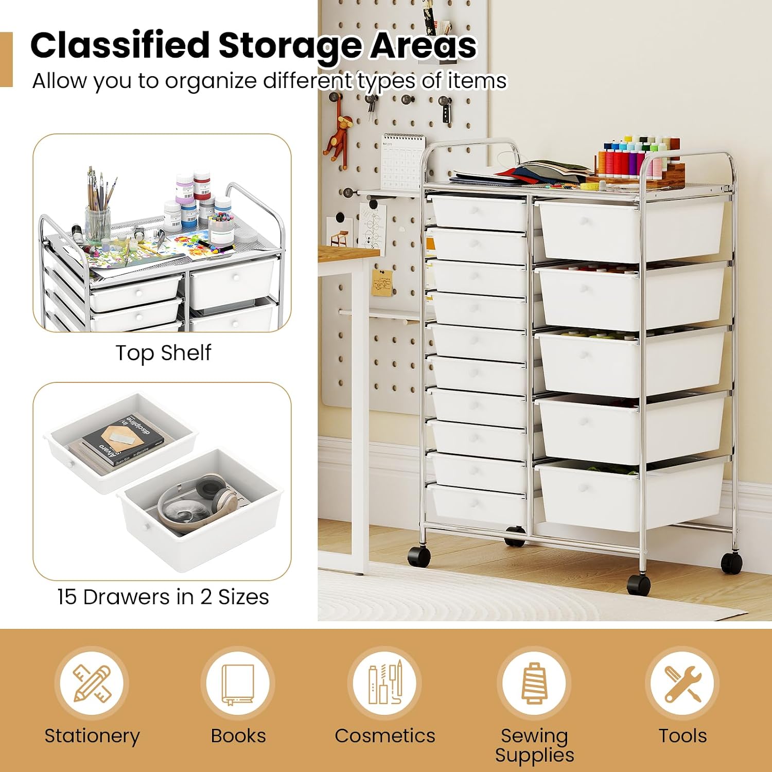 BECOMFORT 15-Drawer Rolling Utility Cart, Storage Cart on Wheels, Teacher Classroom Organizers with Metal Frame & Lockable Wheels, Mobile Trolley Craft Cart for Art Paper Tools School Office Play Room
