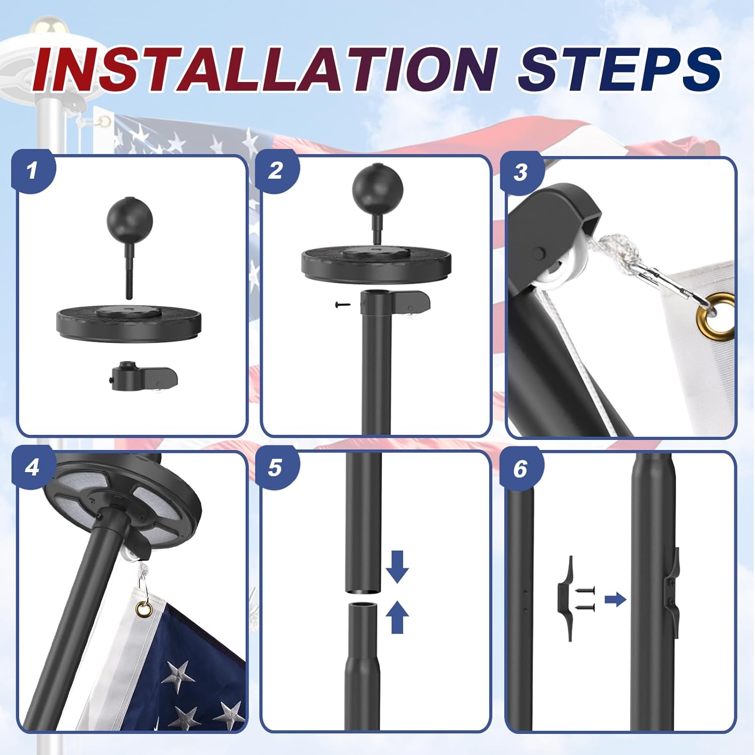 Heavy Duty Flag Pole Kit with Solar Light, 20FT 12 Gauge Hardware Flagpole for Outside House in Ground, 3x5 USA Flag for Residential Commercial Outdoor, Extra Thick Flag Poles, Black