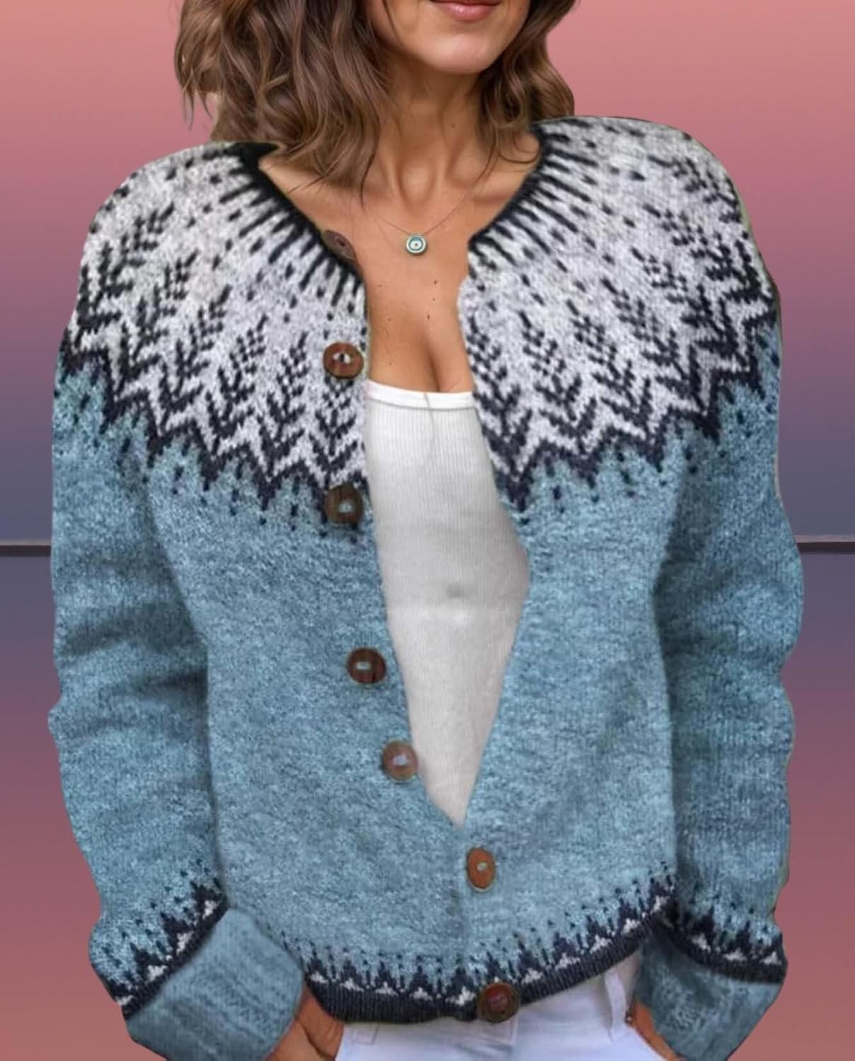 Women's Fair Isle Pattern Knit Cardigan Sweater Vintage Button Down Open Front Jacket Coat for Fall & Winter 2025 - Image 6