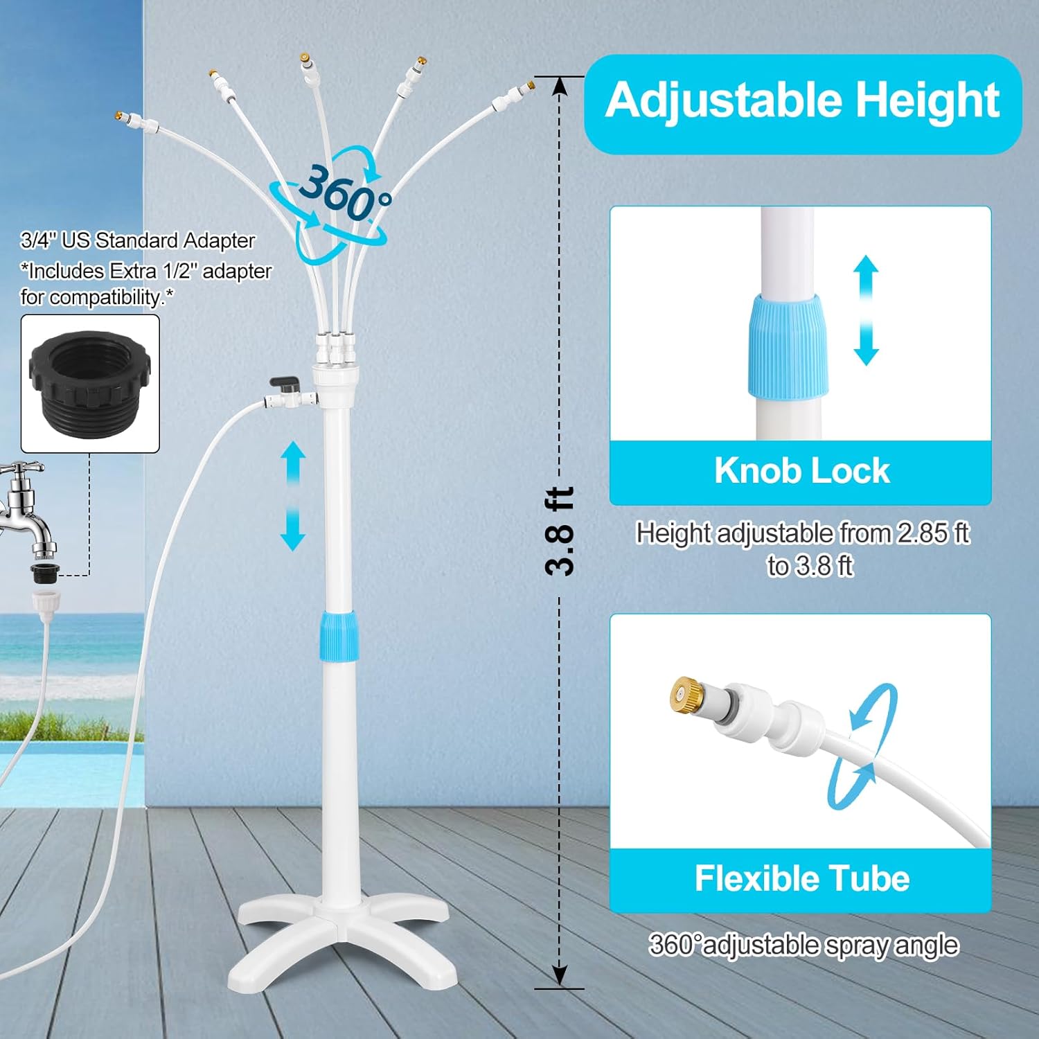 Misters for Outside Patio, Adjustable Riser Tube (up to 46in) with 26.2FT (8M) Water Supply Line,Stand Flexible Misters for Outdoor Patio Cooling Pool BBQ Kids Water Playing