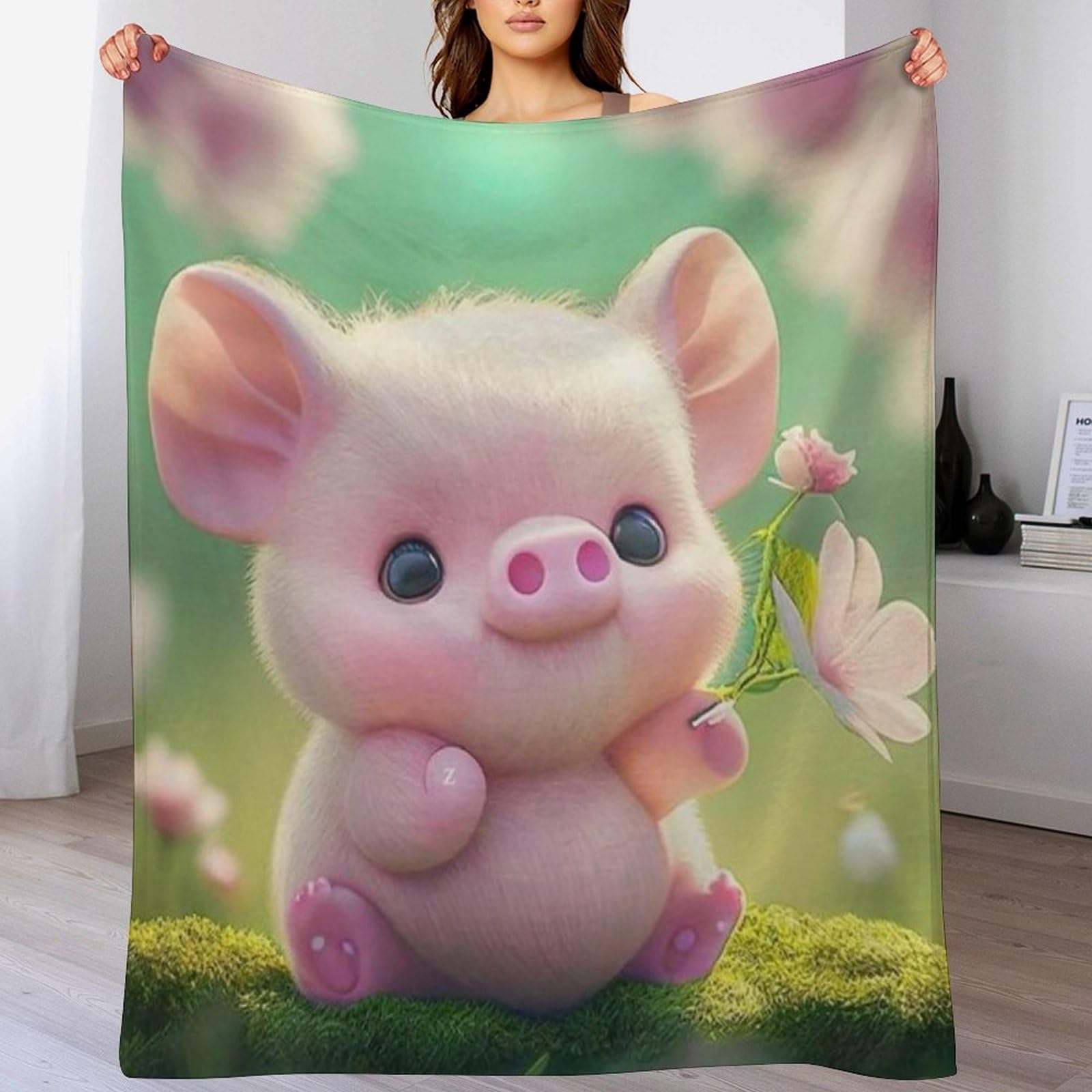 Couverture en flanelle haut de gamme motif cochon 3D avec finitions coutures renforcées