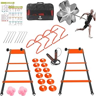 2x 20ft Agility Ladder Speed Training Set – Double Ladder Kit with 12 Cones, 4 Adjustable Hurdles, Jump Rope & Running Parachute | Agility Equipment for Soccer, Football, Basketball, Kids & Adults