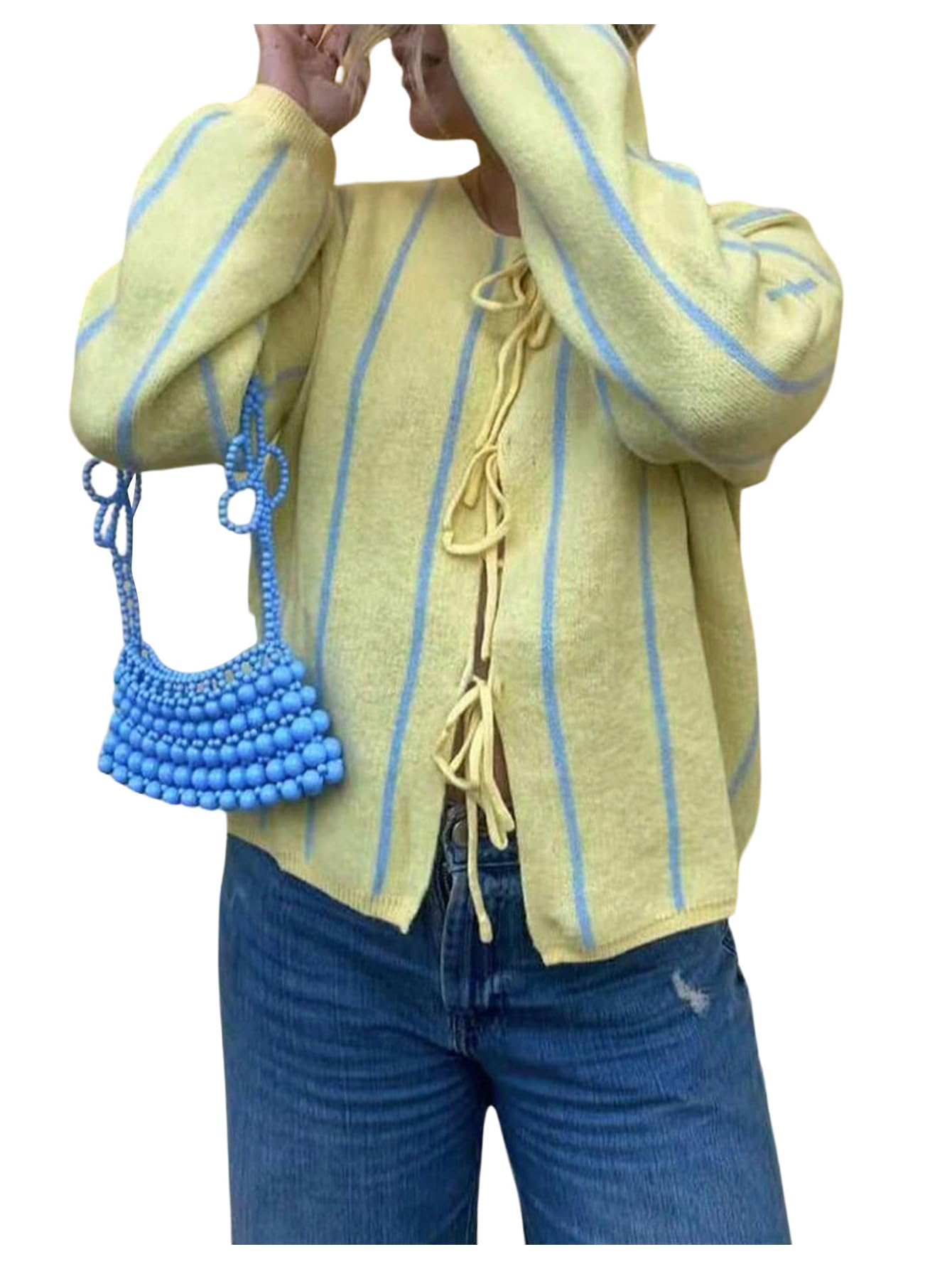 Verdusa Womens Striped Tie Front Cardigans Long Sleeve Casual Knitted Sweater Fall Outfits