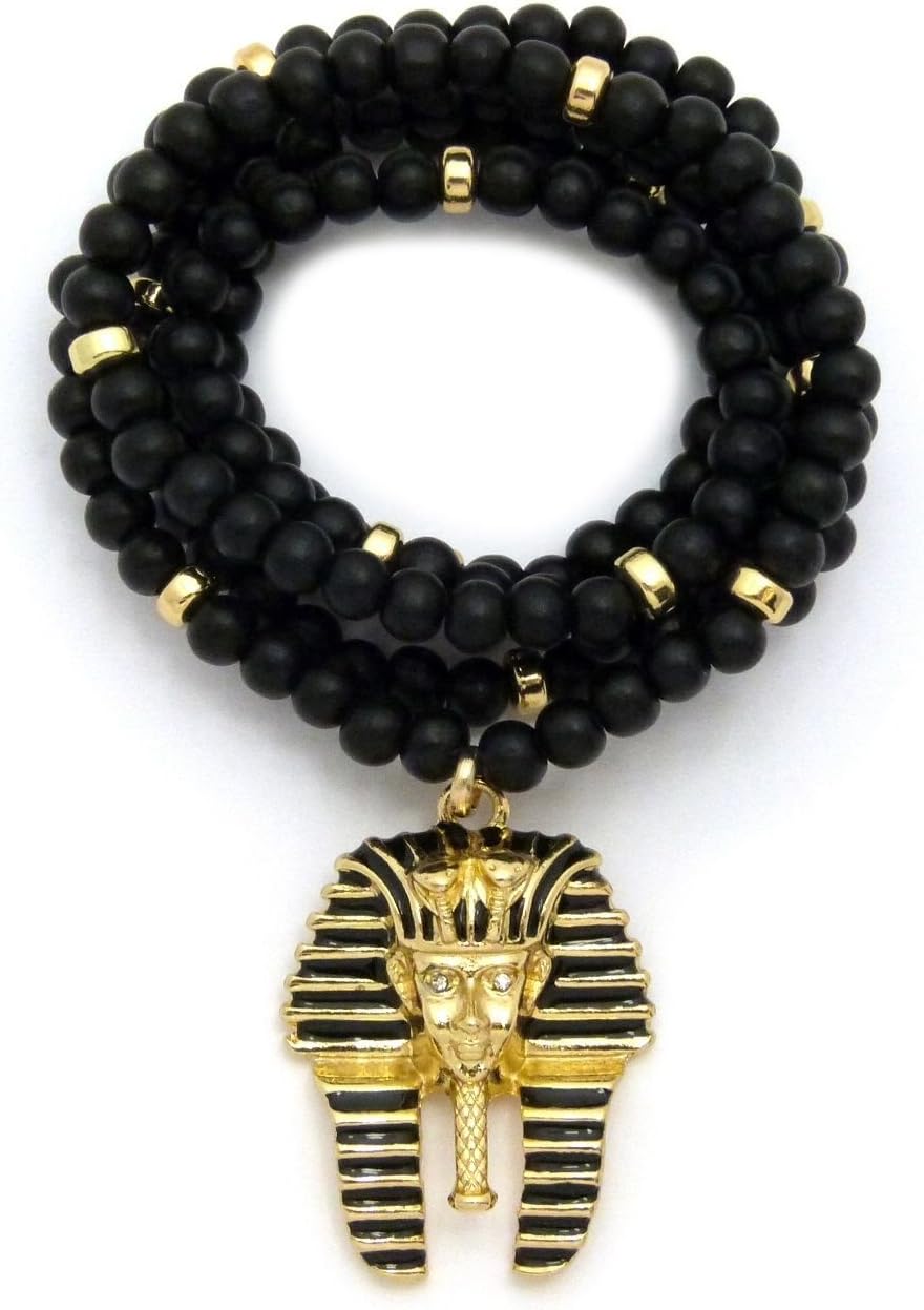 Shiny Jewelers USA'Shiny Jewelers USA MENS PHARAOH KING TUT EGYPTIAN GOLD MICRO PENDANT 6mm 30'' WOODEN BEAD NECKLACE'