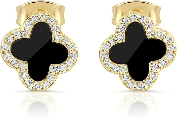 Clover Crystal Earrings for Women | 18K Gold Plated Lucky 4 Leaf Ear Studs | Four Leaf Cubic Zirconia Jewelry for Her