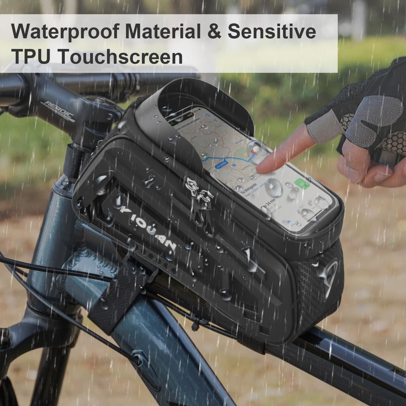 Borsa per bicicletta impermeabile, borsa per telaio in con touch screen in TPU, borsa manubrio MTB, supporto per telefono per bicicletta fino a 8" (24×12×12cm)