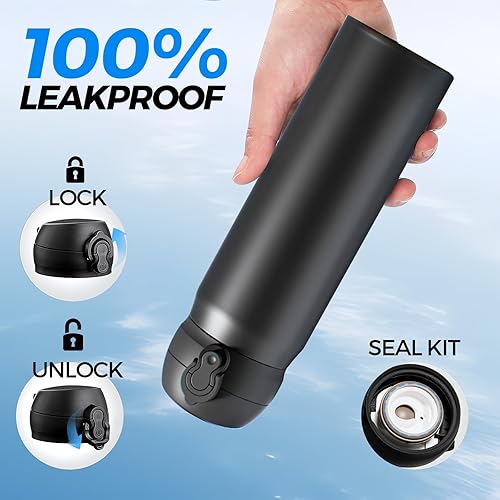 Miniatura 5 de Botella de agua aislada negra de 17 onzas de acero inoxidable, perfecta para la escuela y el café, botellas térmicas de metal de doble pared sin