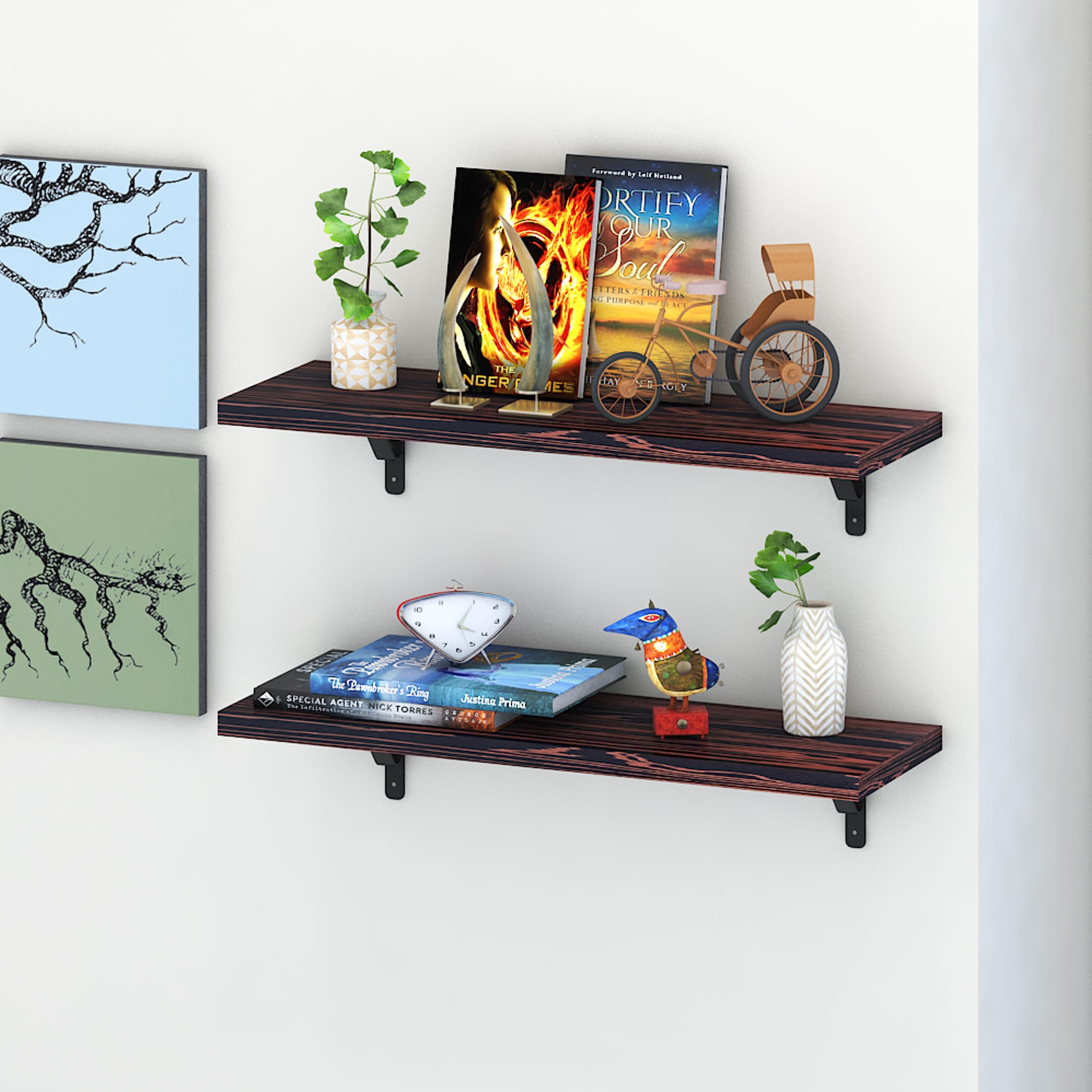 Klaxon Arizona Wood and Metal Floating Wall Shelves | Home Decorative Shelf | Wall Shelves for Living Room, Bedroom, Study Room, Balcony Garden-Real Ebony, Pack of 2 (24x8 in) (B0D9H5Z3XQ) Amazon Price History, Amazon Price Tracker