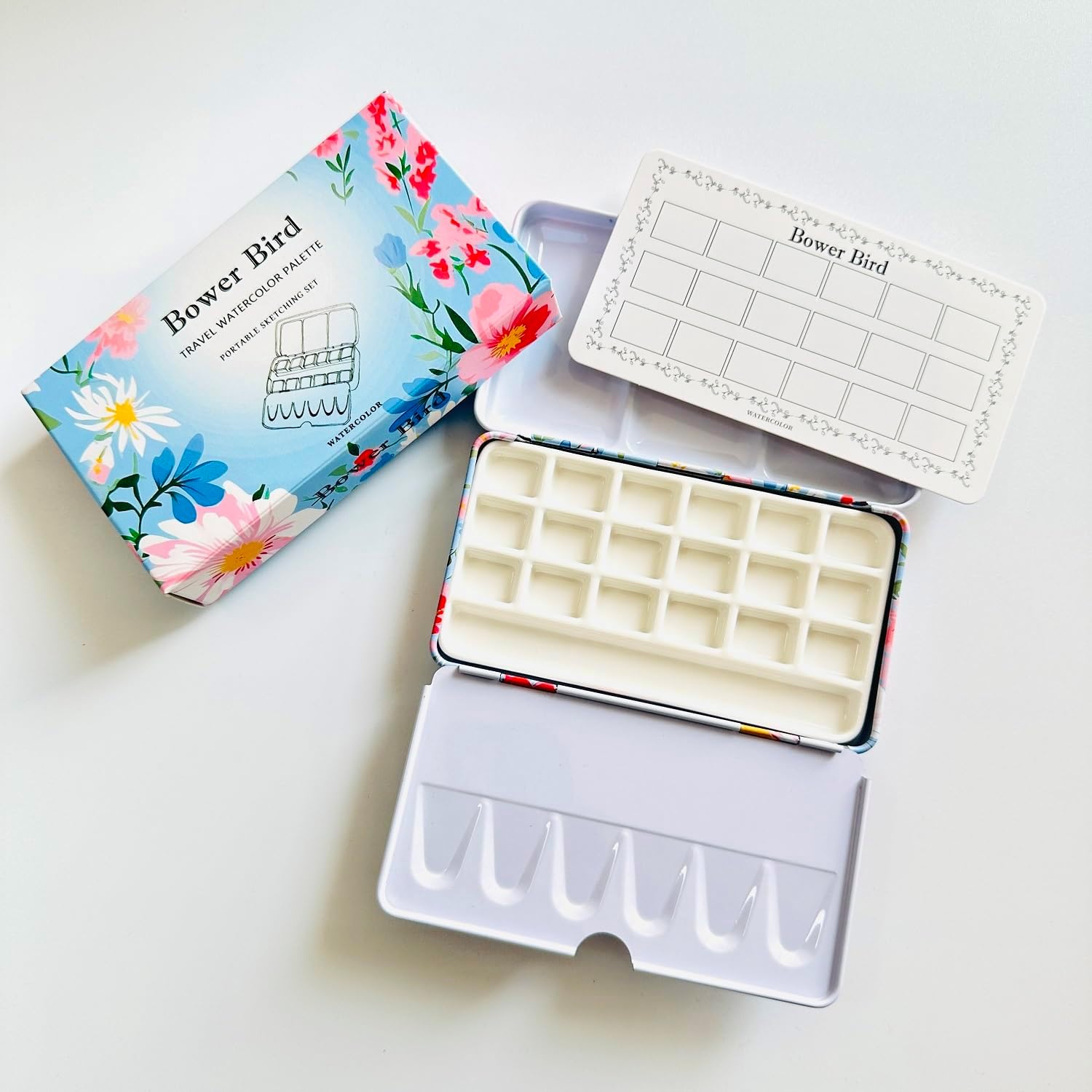 Bower Bird Travel Watercolor Palette,Portable Ceramic Palette 16 Well,Empty Paint Palette,Small Travel Metal Paint Boxwith Porcelain Palette (18Well Set)