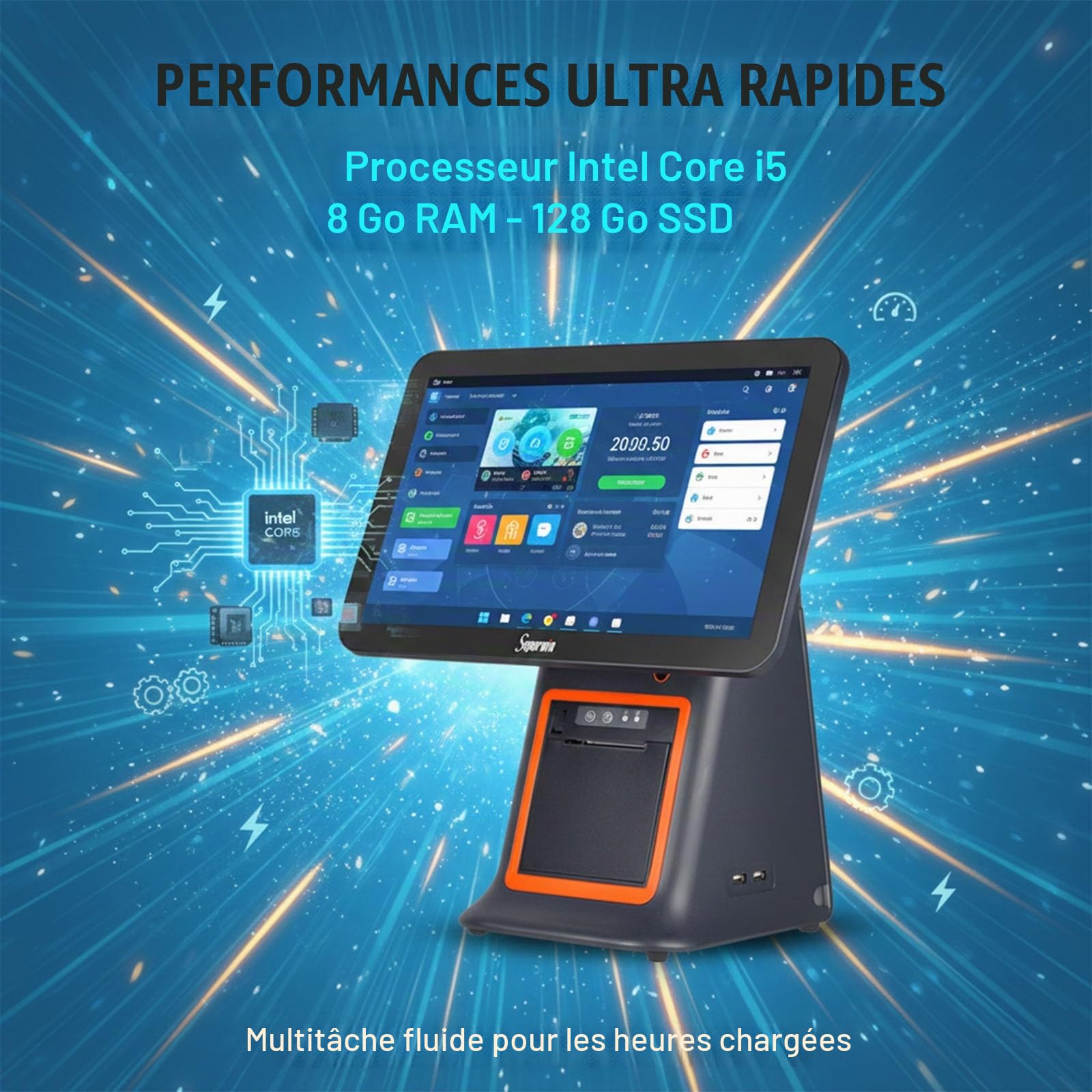 Caisse Enregistreuse Tactile Professionnelle i5 8Go 128Go, Pack Complet avec Tiroir-Caisse et Imprimante Tickets, Logiciel Non Inclus, pour Commerce et Bar(Black,58 Tooth Gear Printer)