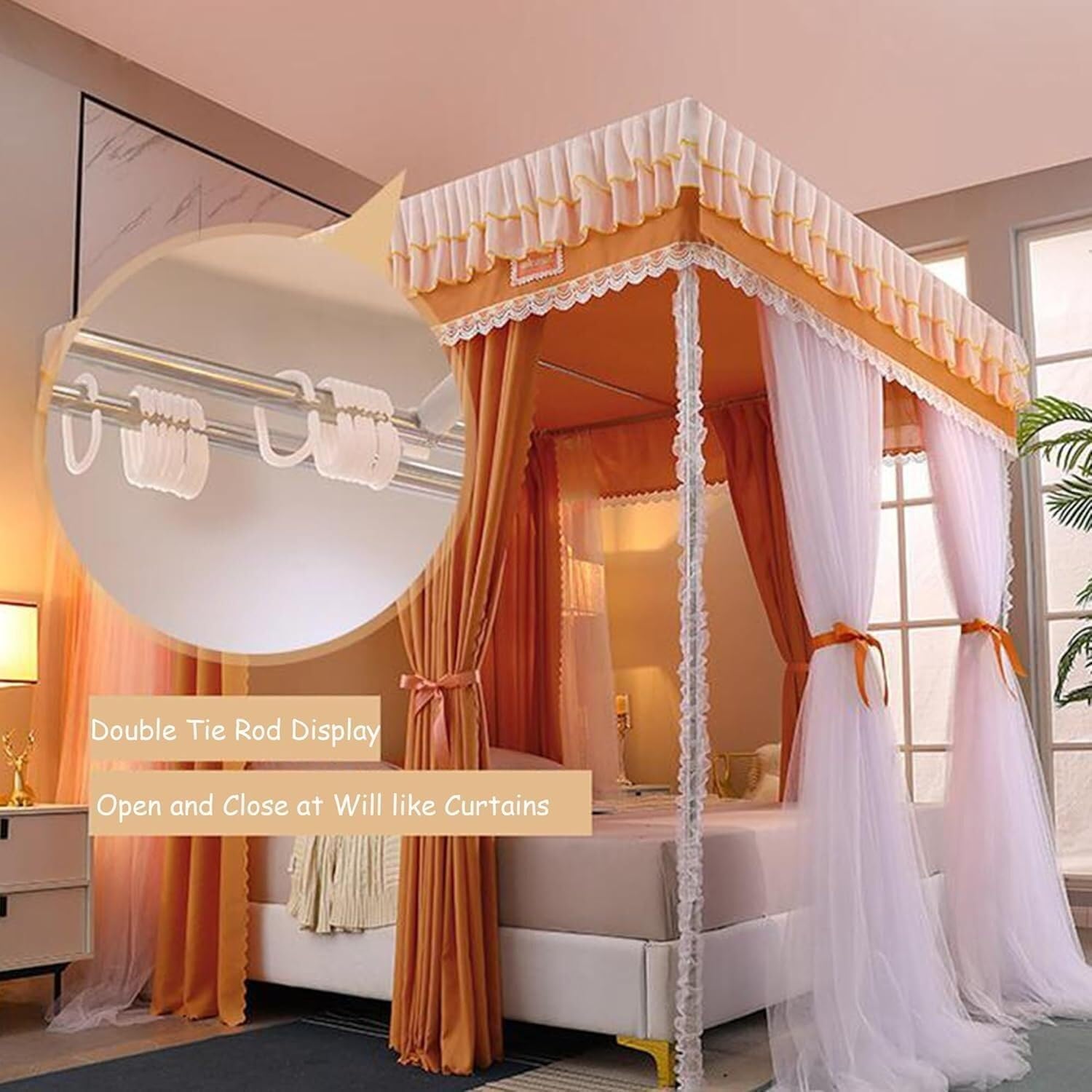 Elegant Double-Layer Canopy Bed Curtains with Frame, Princess Bed Tent, Blackout & Privacy, Lace Ruffle for Girls & Adults, Fits Twin, Full, Queen, King(Orange,Twin XL (47x79x83inch))