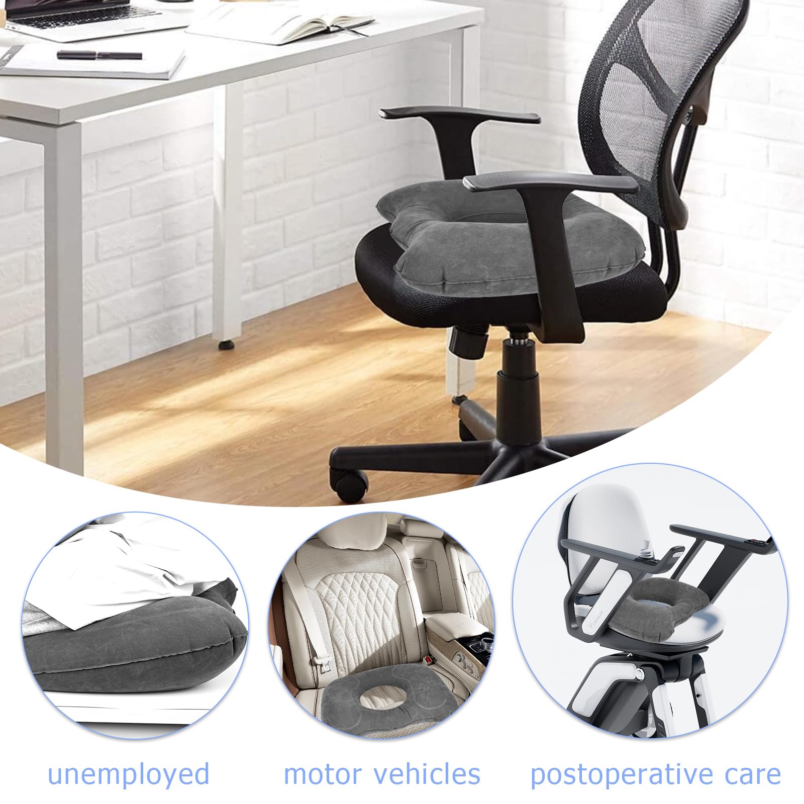 Poduszka ortopedyczna nadmuchiwana, poduszka na hemoroidy, ergonomiczna poduszka na krzesło biurowe, wózek inwalidzki, krzesło przeciw hemoroidom (szary)